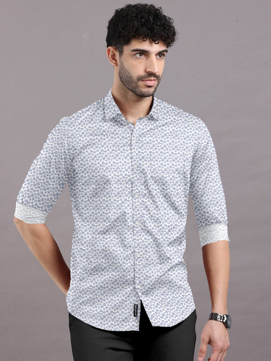 White Printed Shirt with Dark Blue Patterns