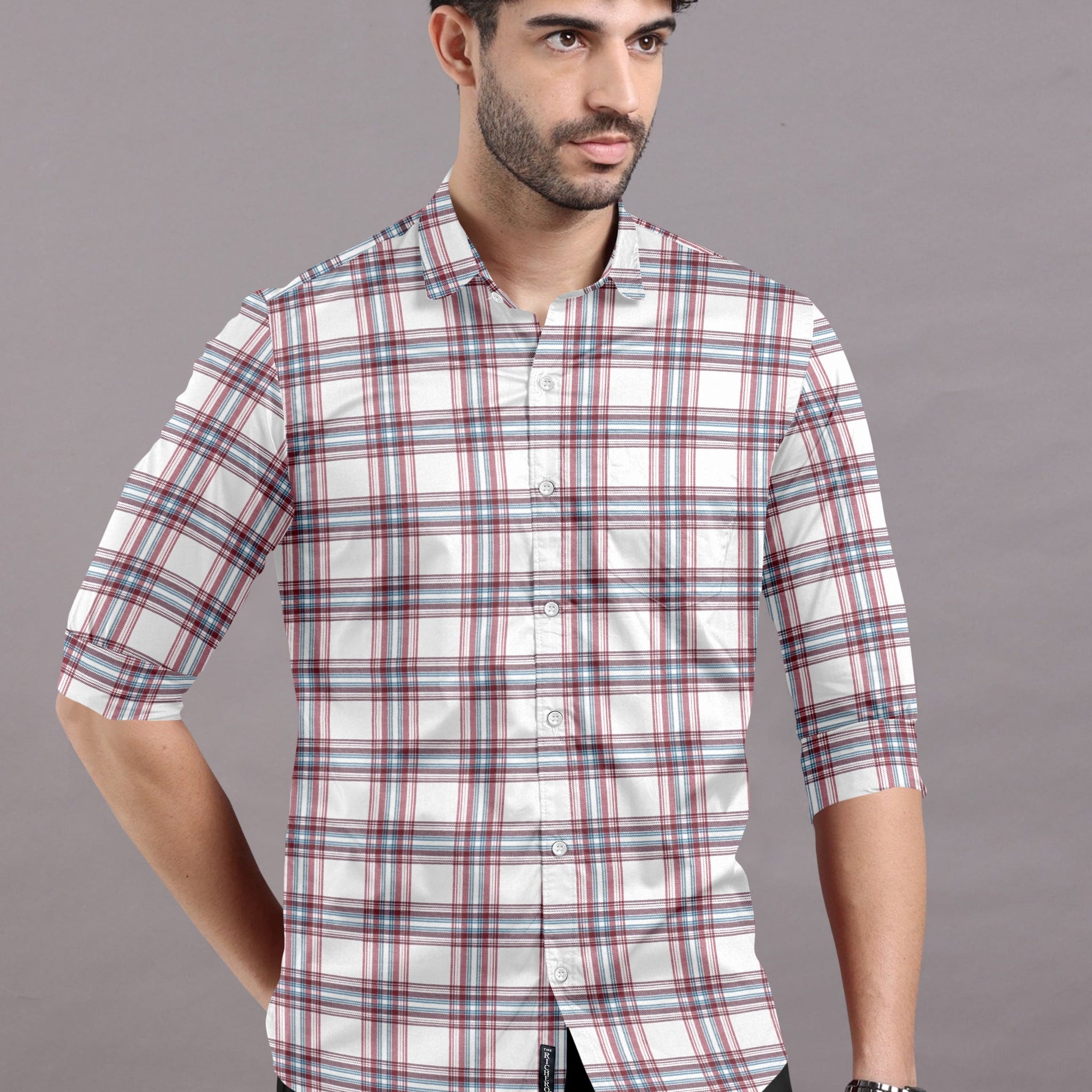 White Shirt with Blue and Maroon Checks