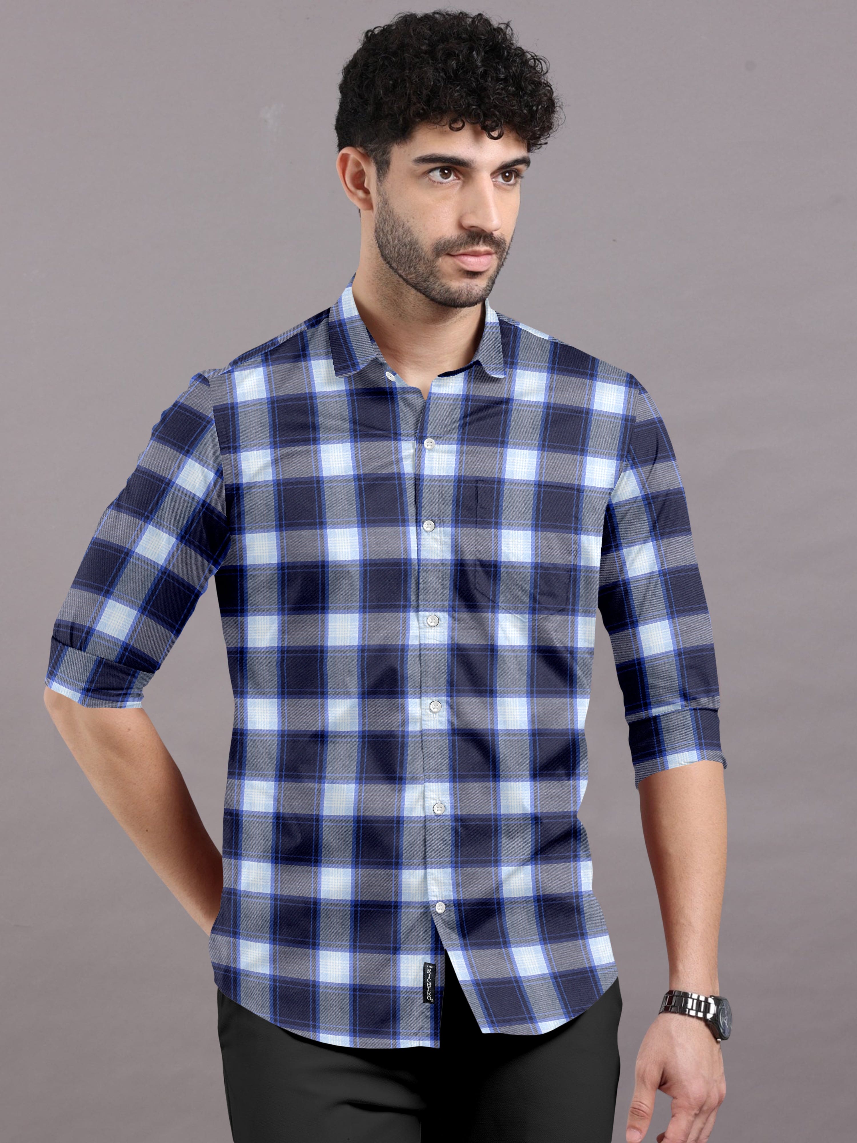 Classic Navy Blue & White Checks Shirt