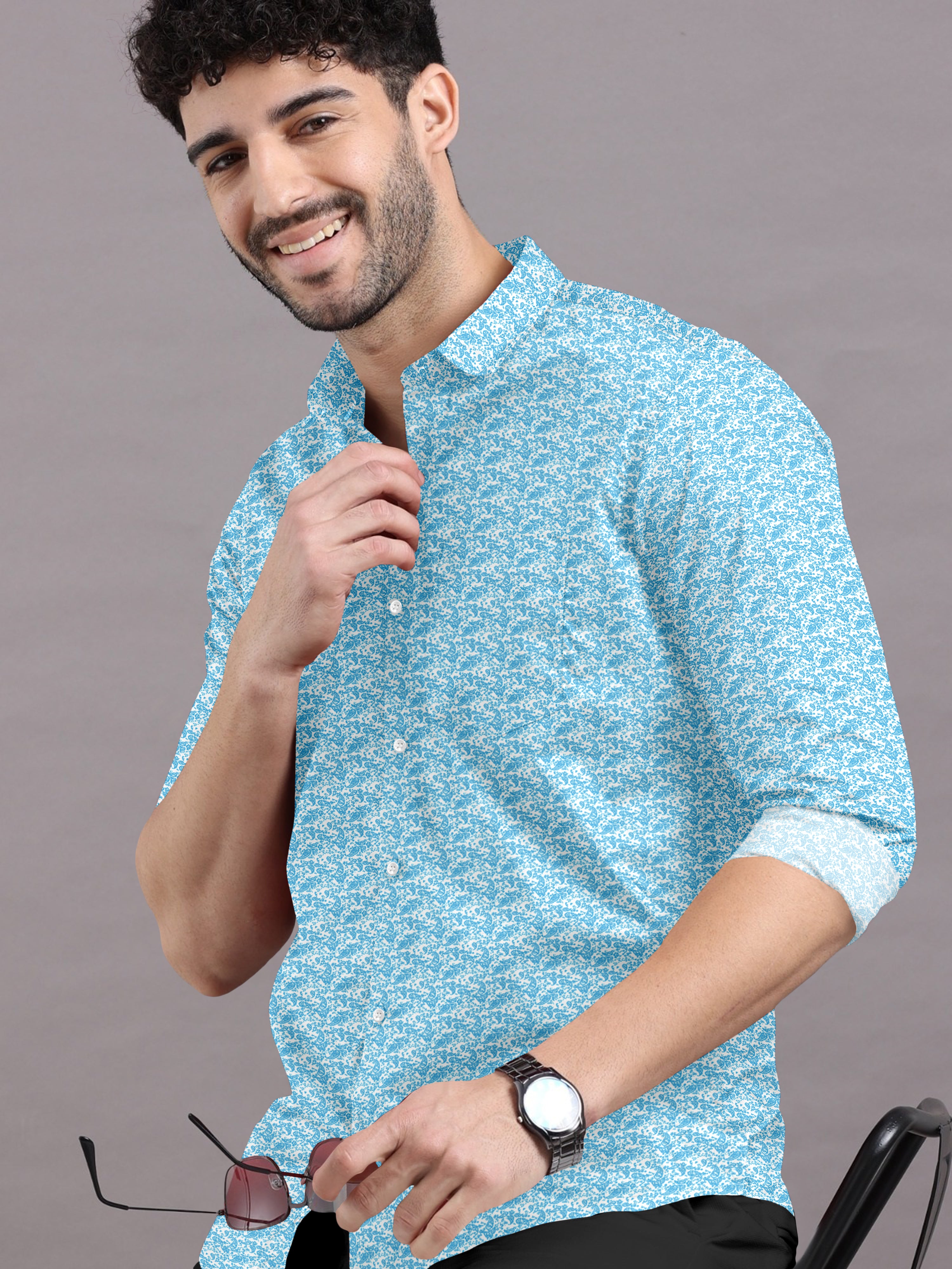 Teal Aqua Sky Blue Printed Printed Shirt