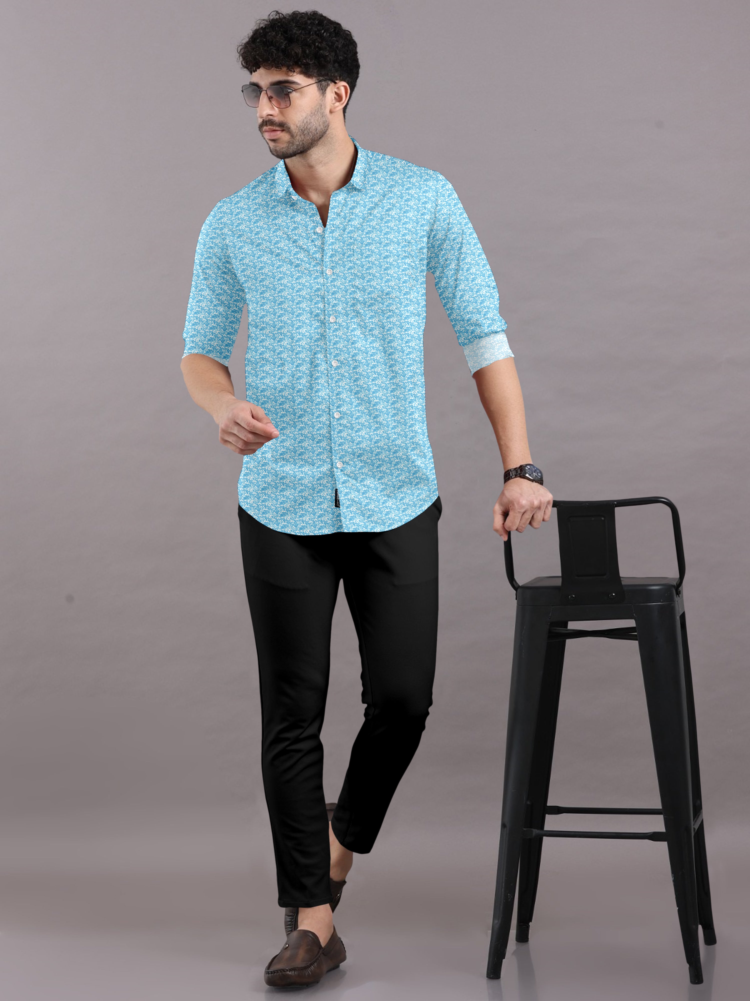 Teal Aqua Sky Blue Printed Printed Shirt