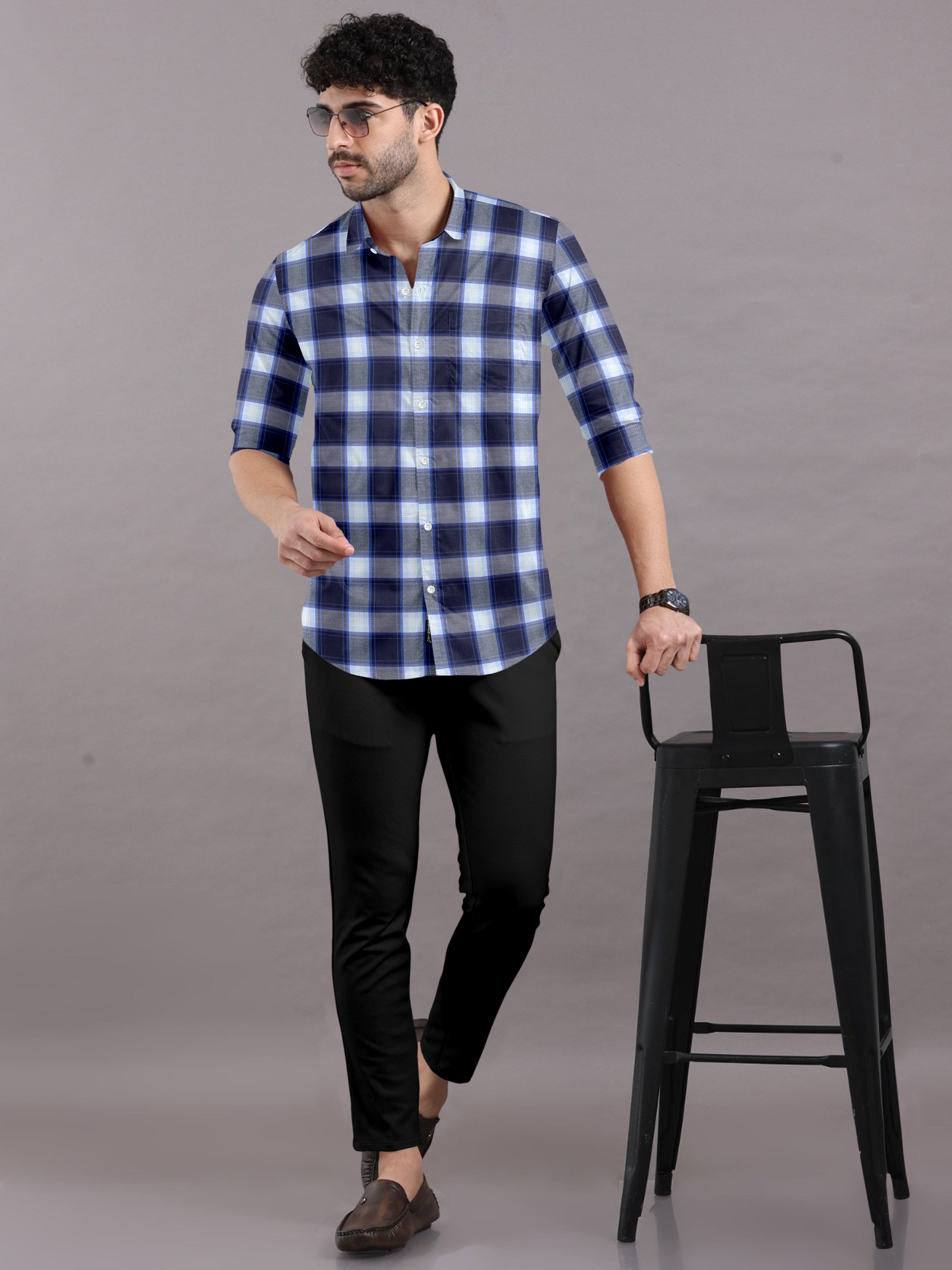 Classic Navy Blue & White Checks Shirt