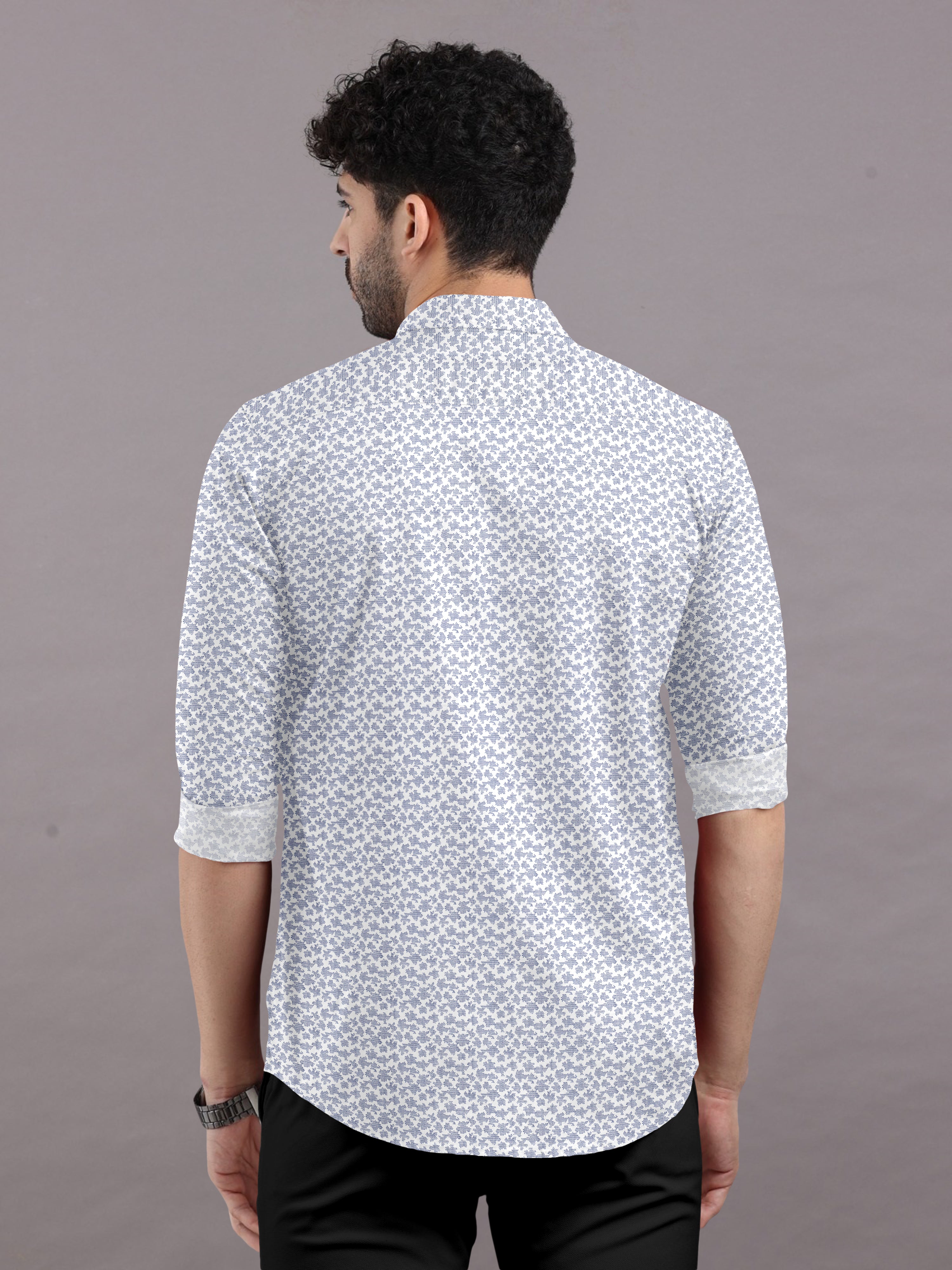 White Printed Shirt with Dark Blue Patterns