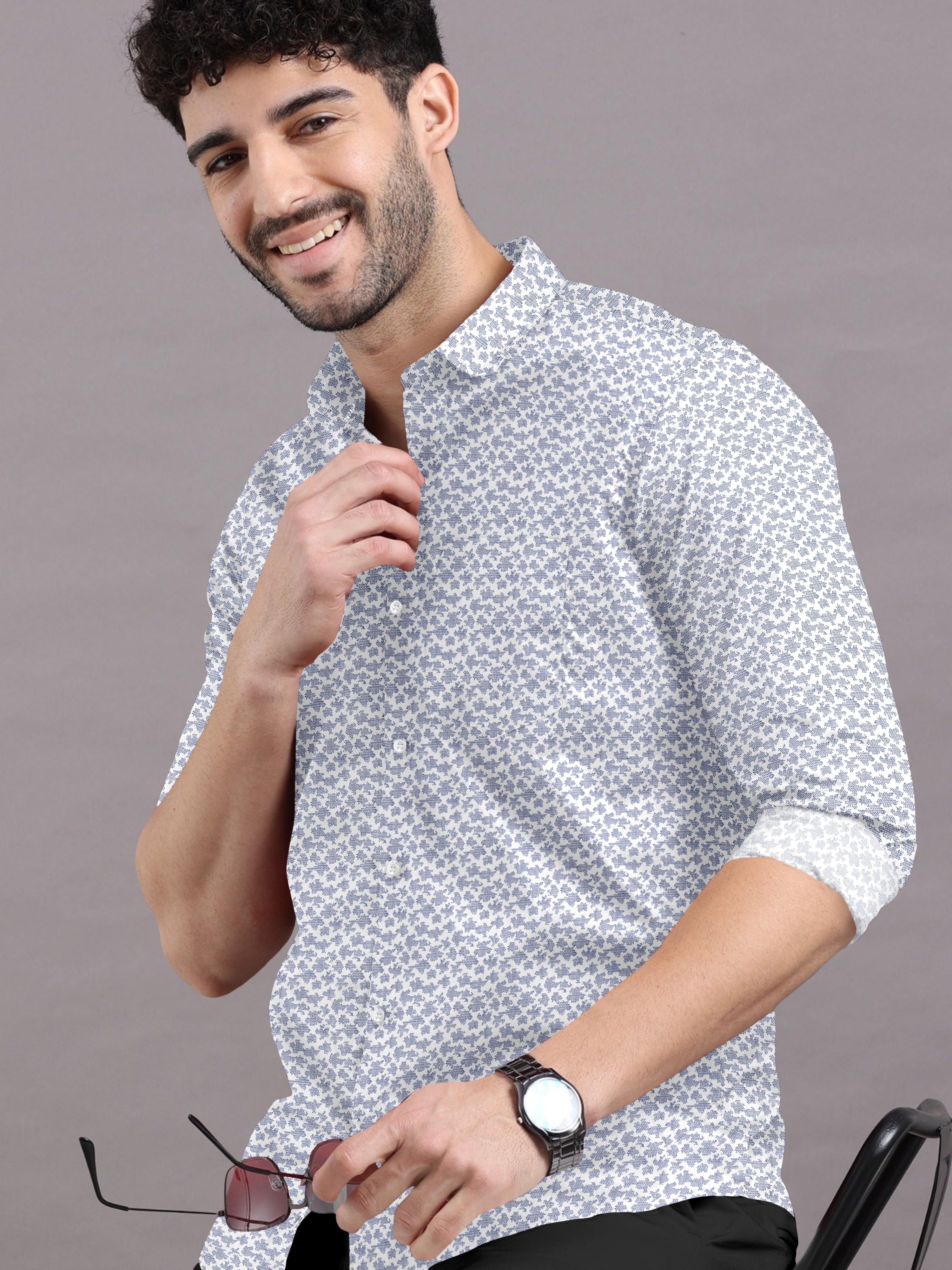 White Printed Shirt with Dark Blue Patterns