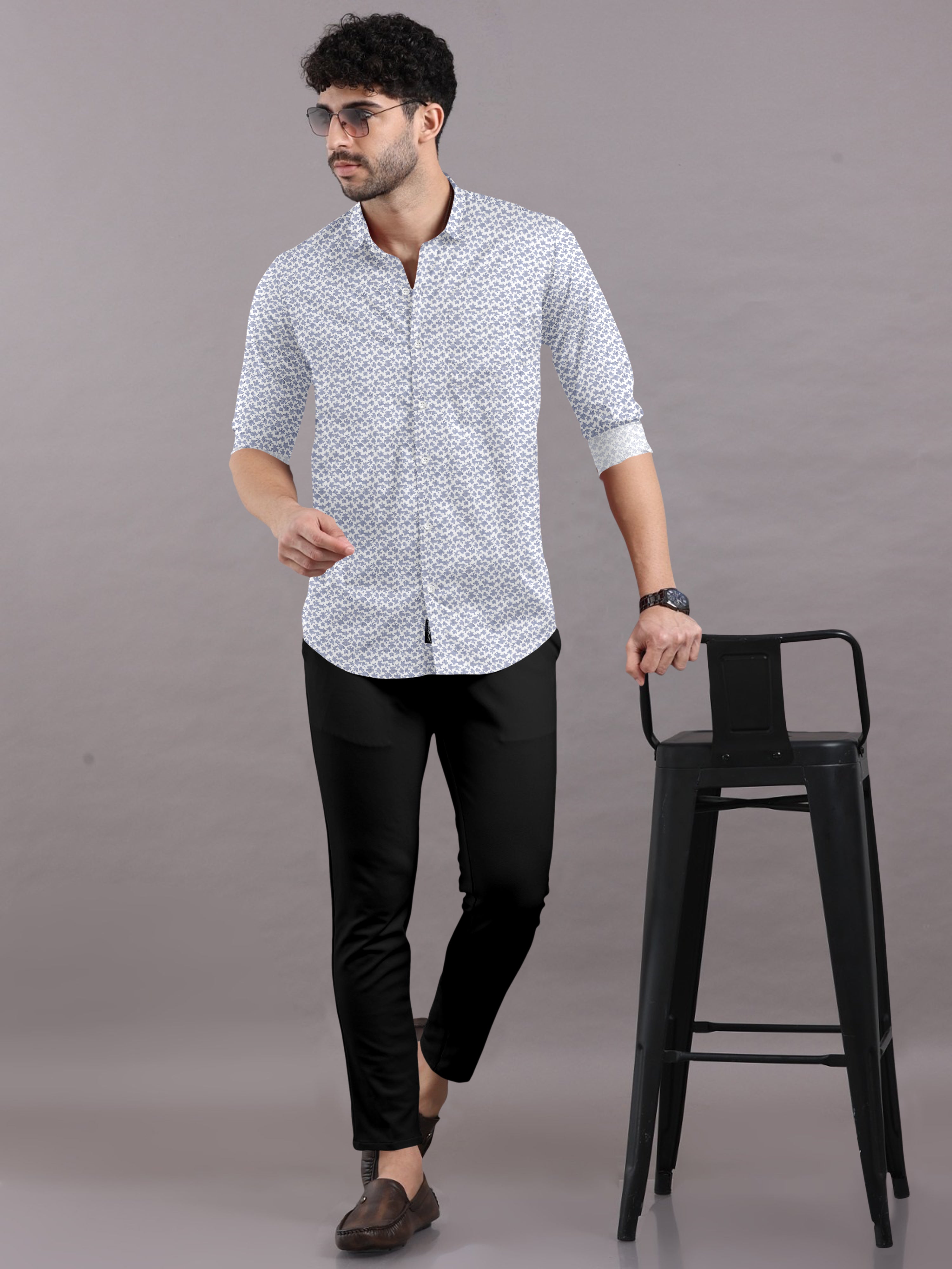 White Printed Shirt with Dark Blue Patterns