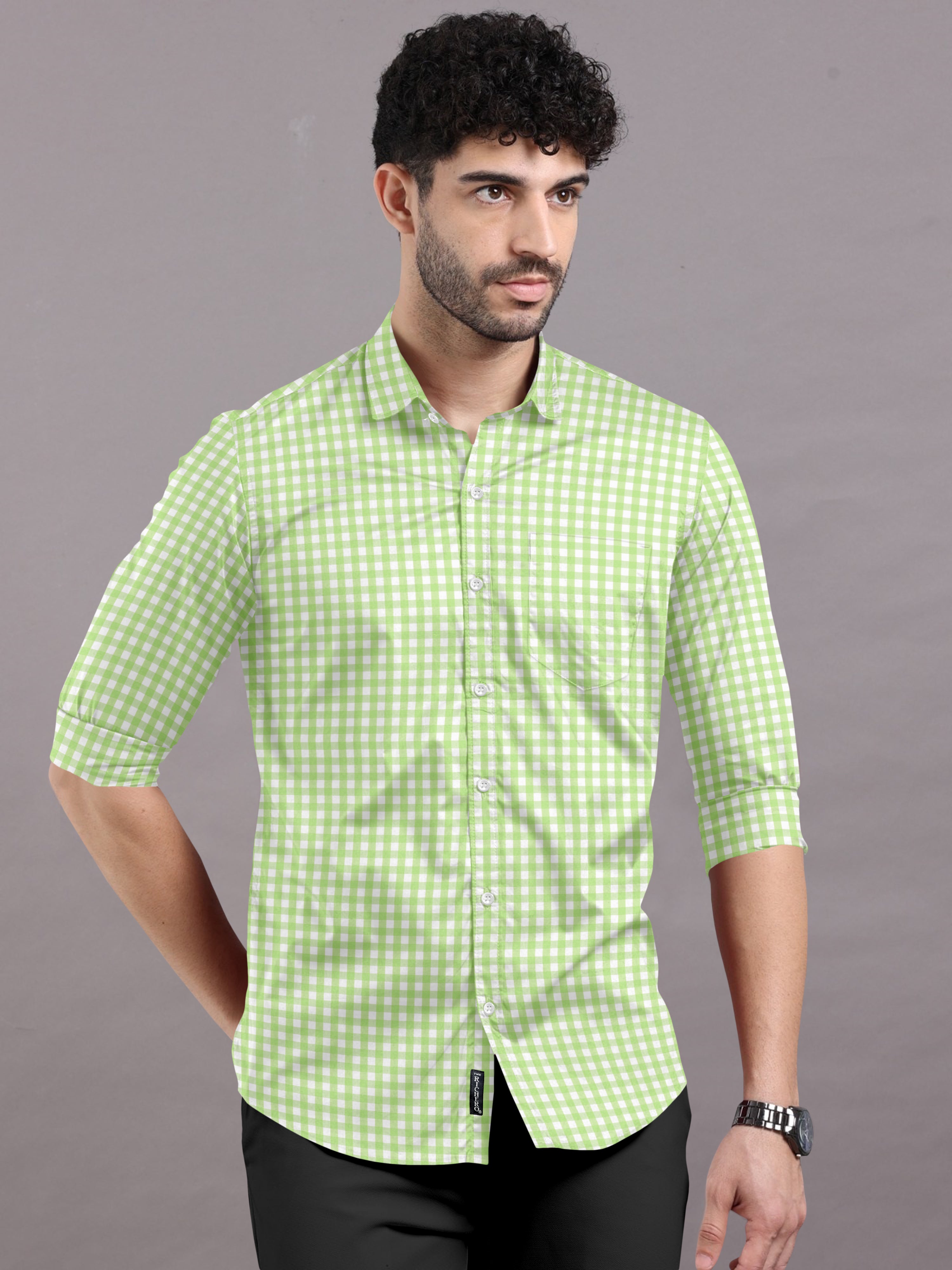 Buy Men s Tea Green Checks Cotton Shirt Online from The Richero