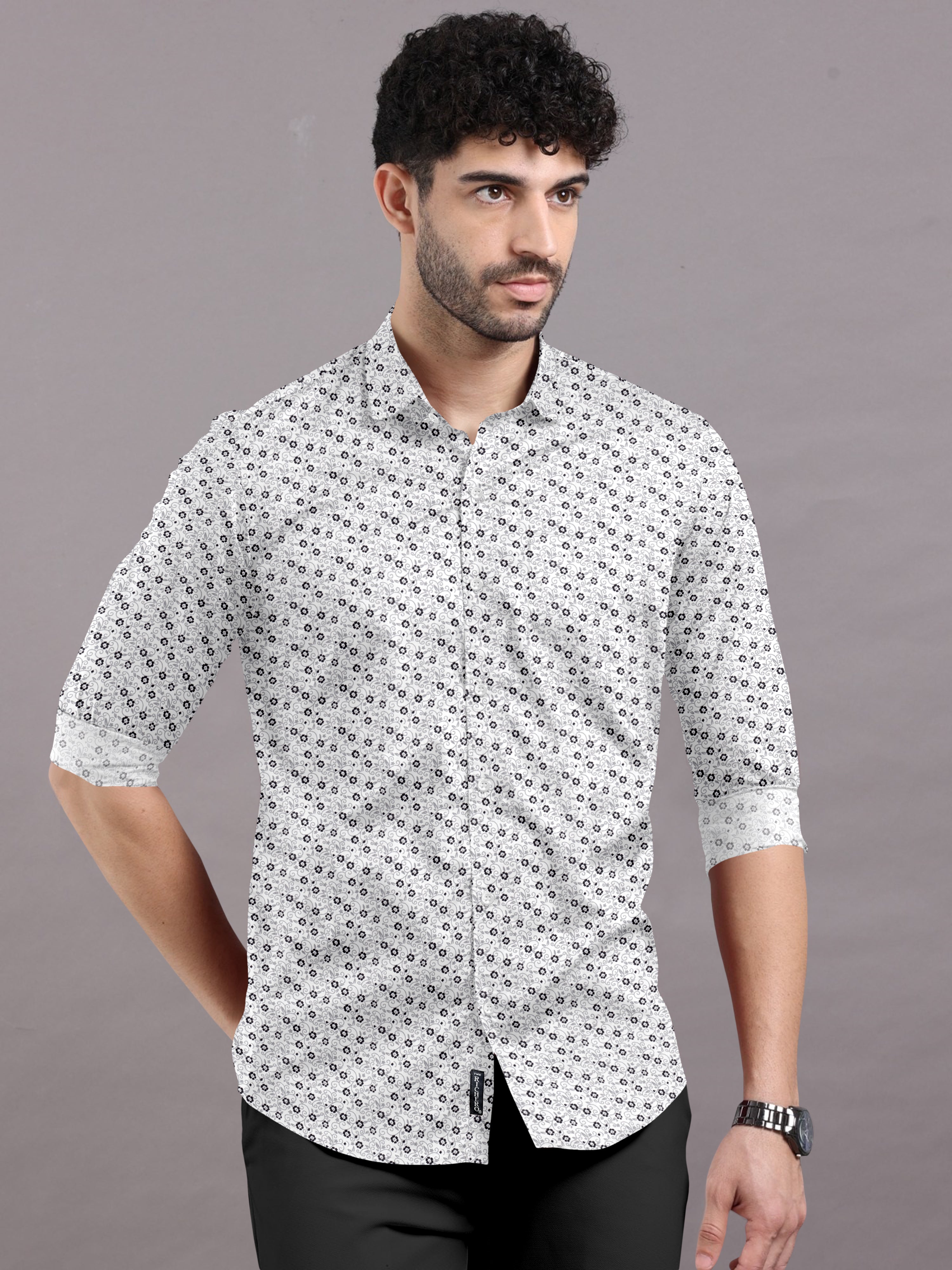 White Printed Shirt Subtle Floral Prints