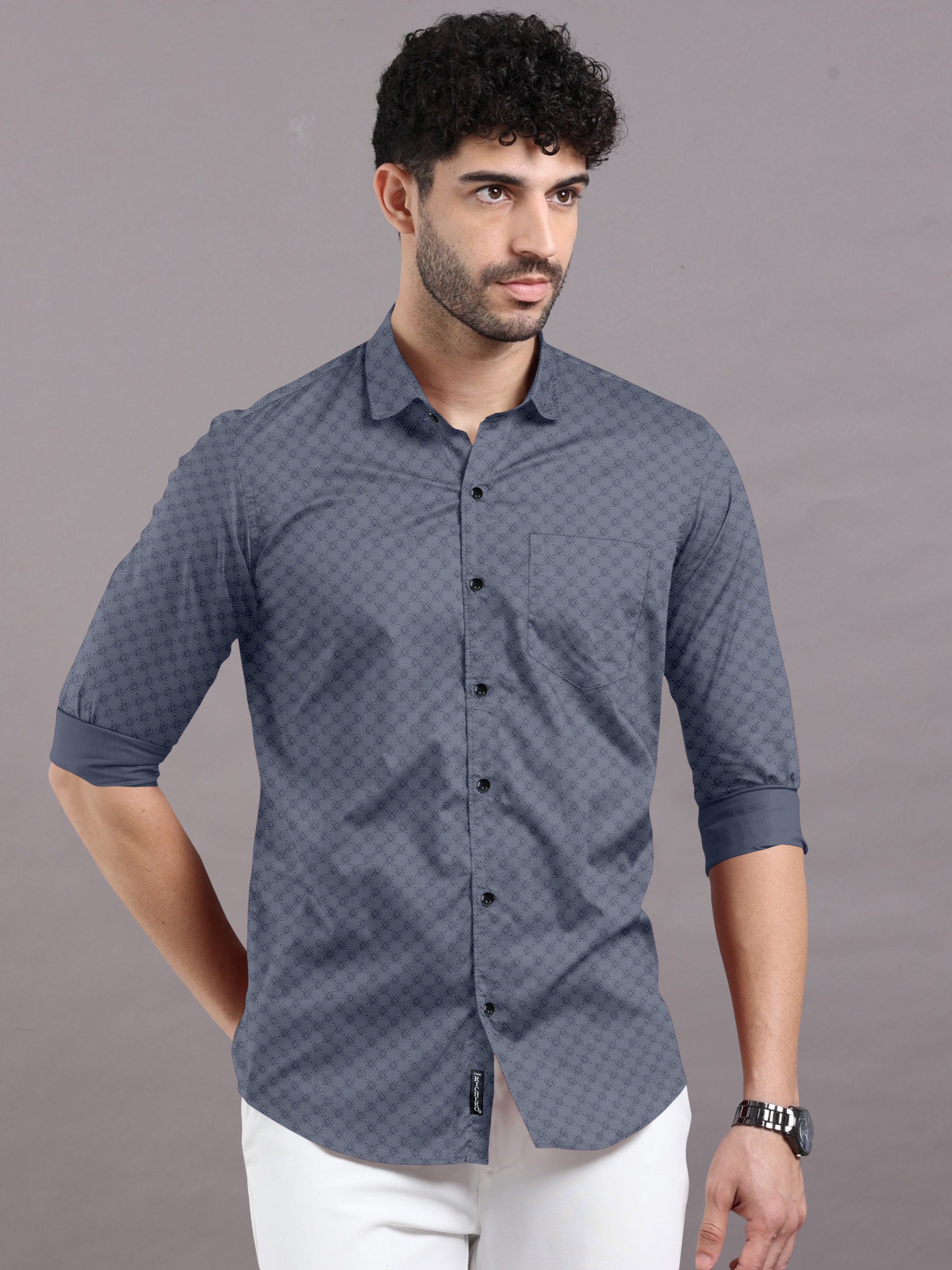 Pure cotton men's printed shirt in dusty grey for Party & beach wear