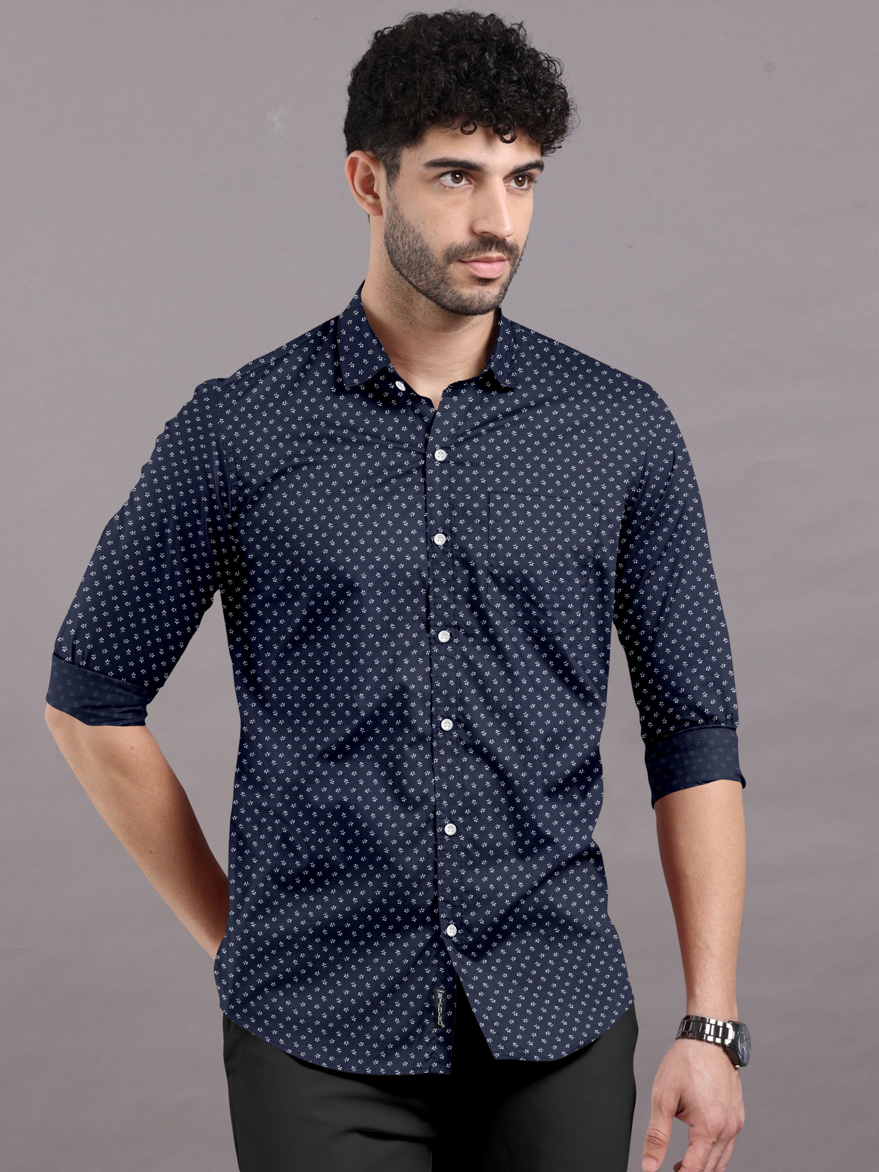 Floral Elegance Dark Blue Printed Shirt