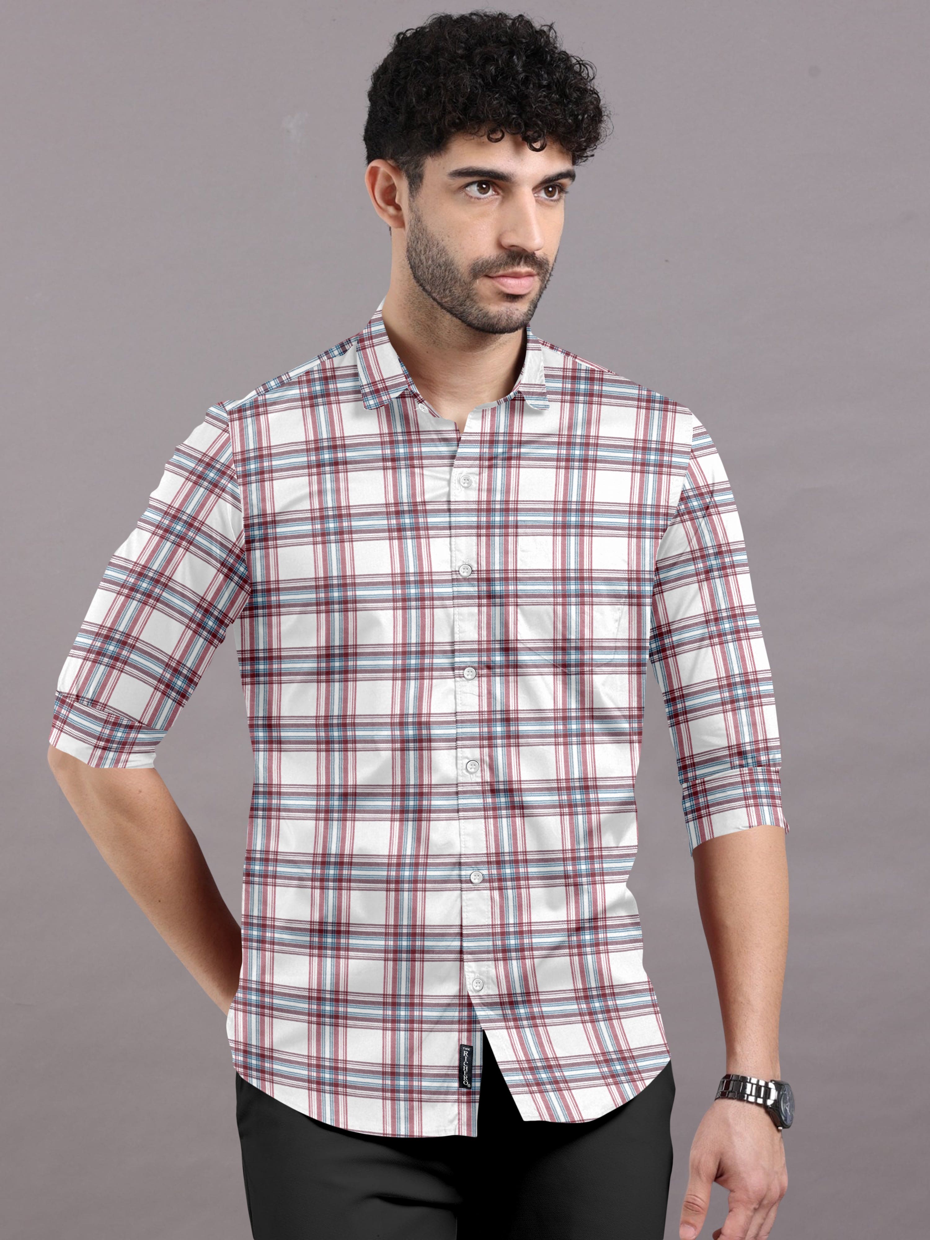 White Shirt with Blue and Maroon Checks