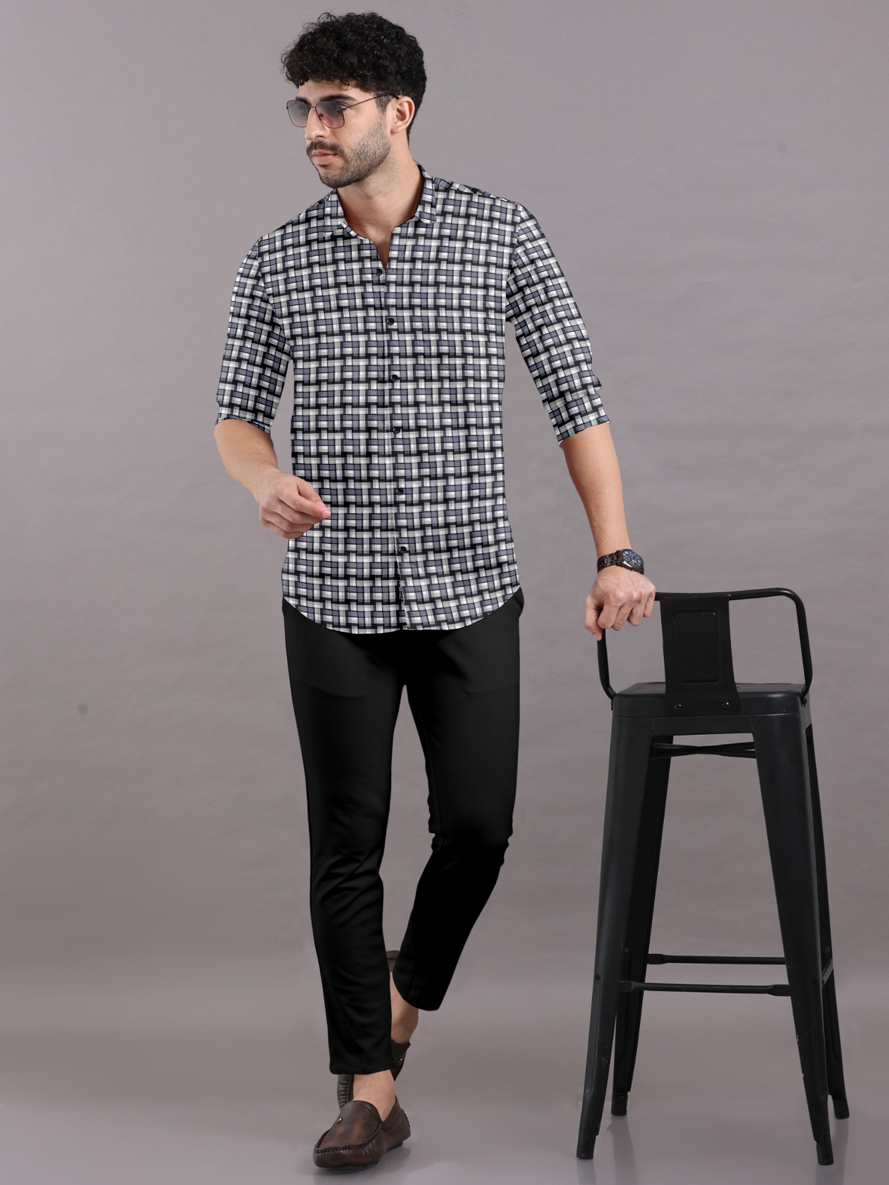 Stylish Qube Checks Mandarin Collar Shirt