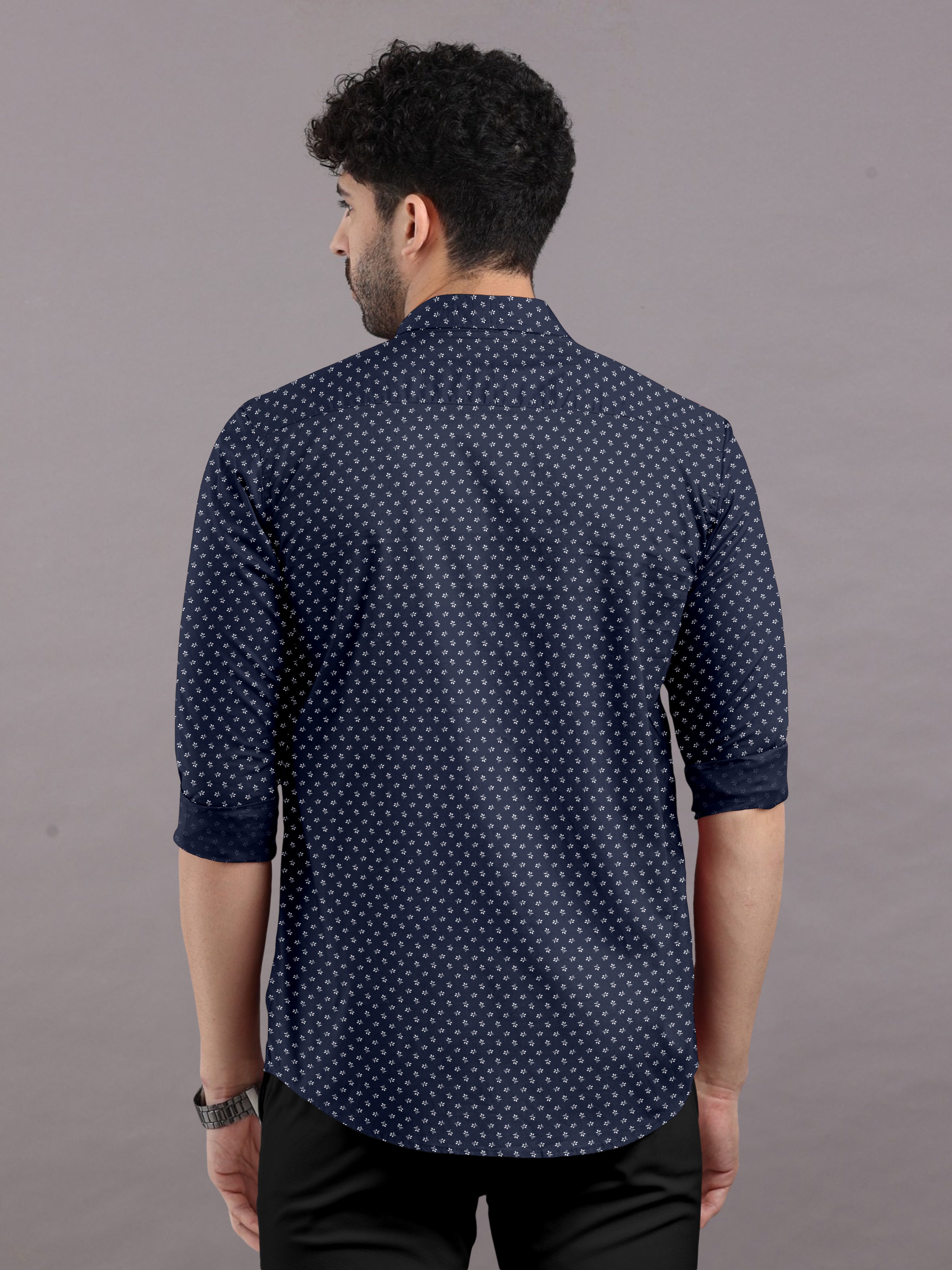 Floral Elegance Dark Blue Printed Shirt