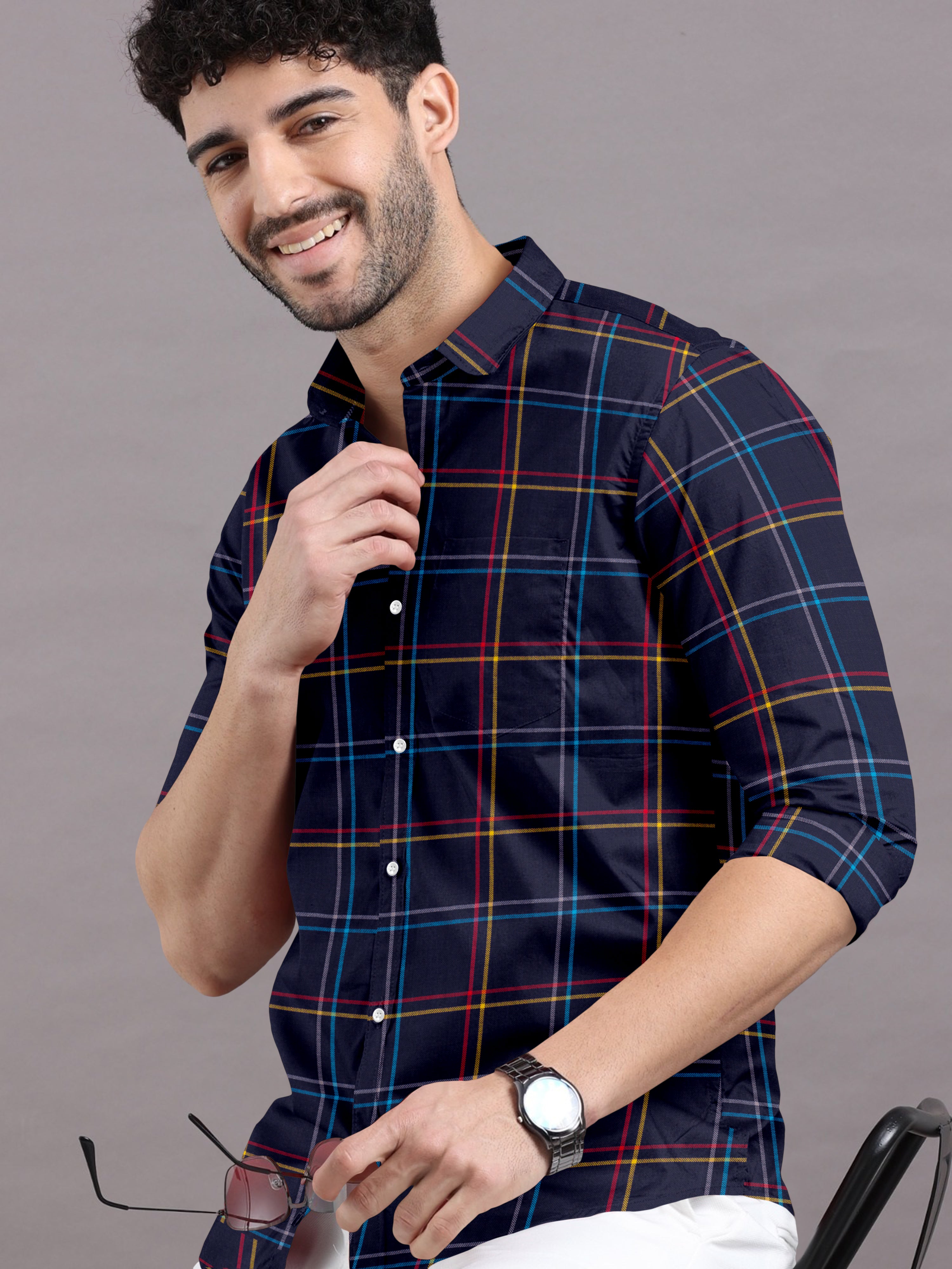 Charming Checks on Navy Blue Shirt