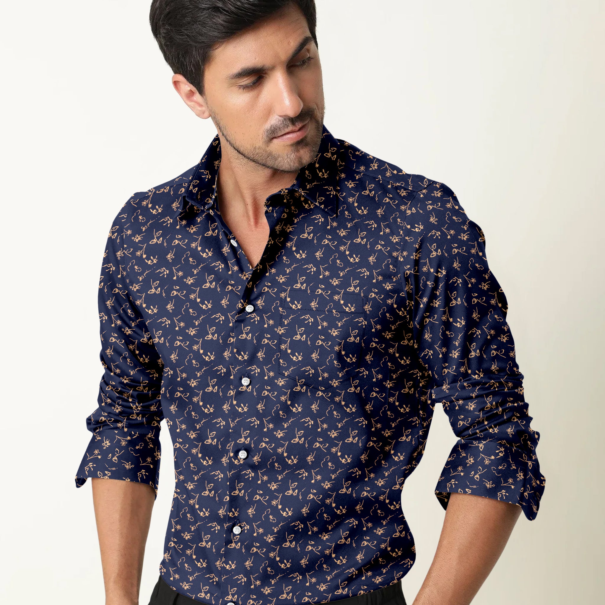 Floral Artistry Printed on Navy Blue Shirt