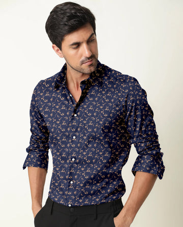 Floral Artistry Printed on Navy Blue Shirt