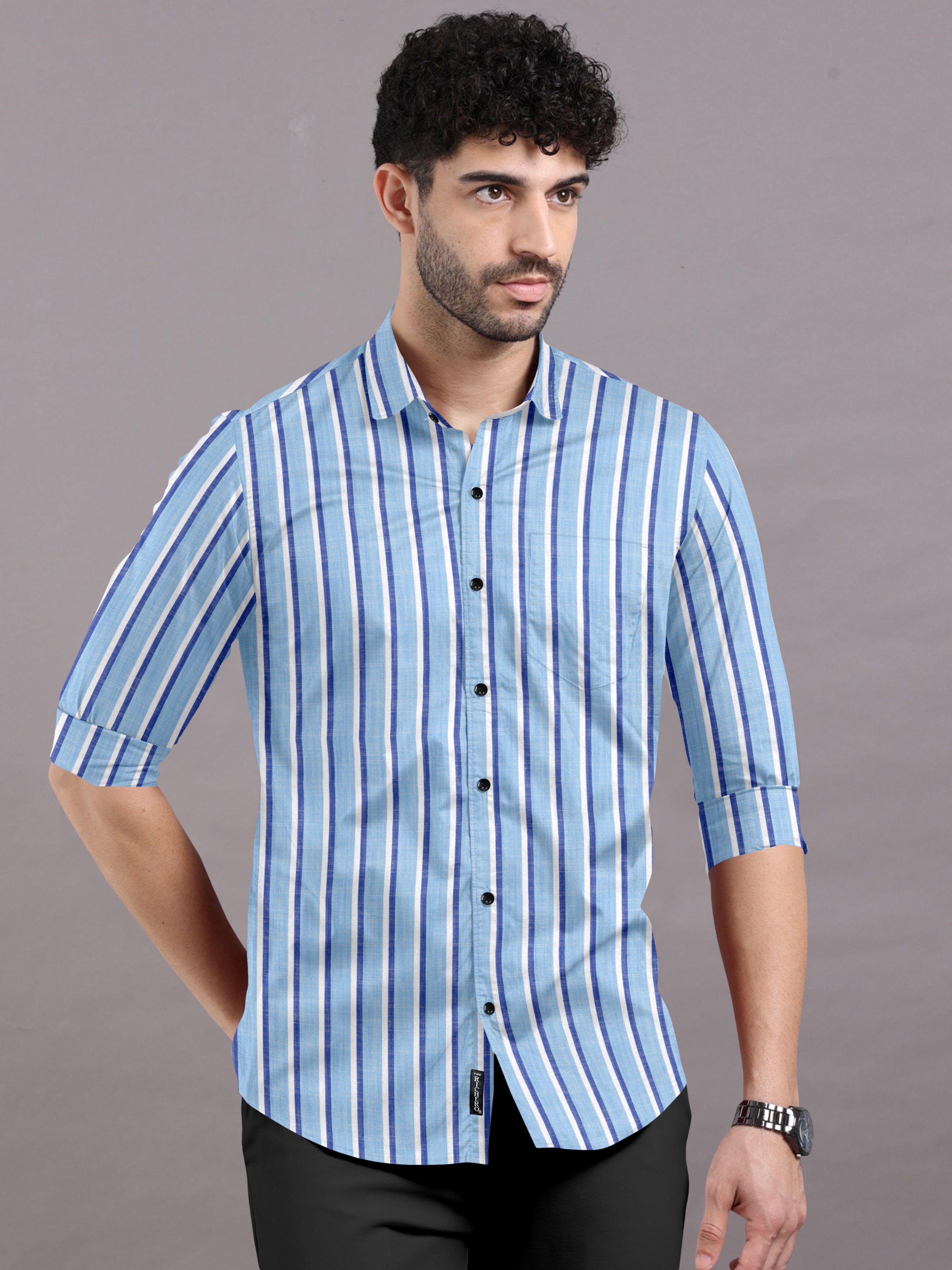 Sky Blue Shirt with Cobalt Blue Stripes