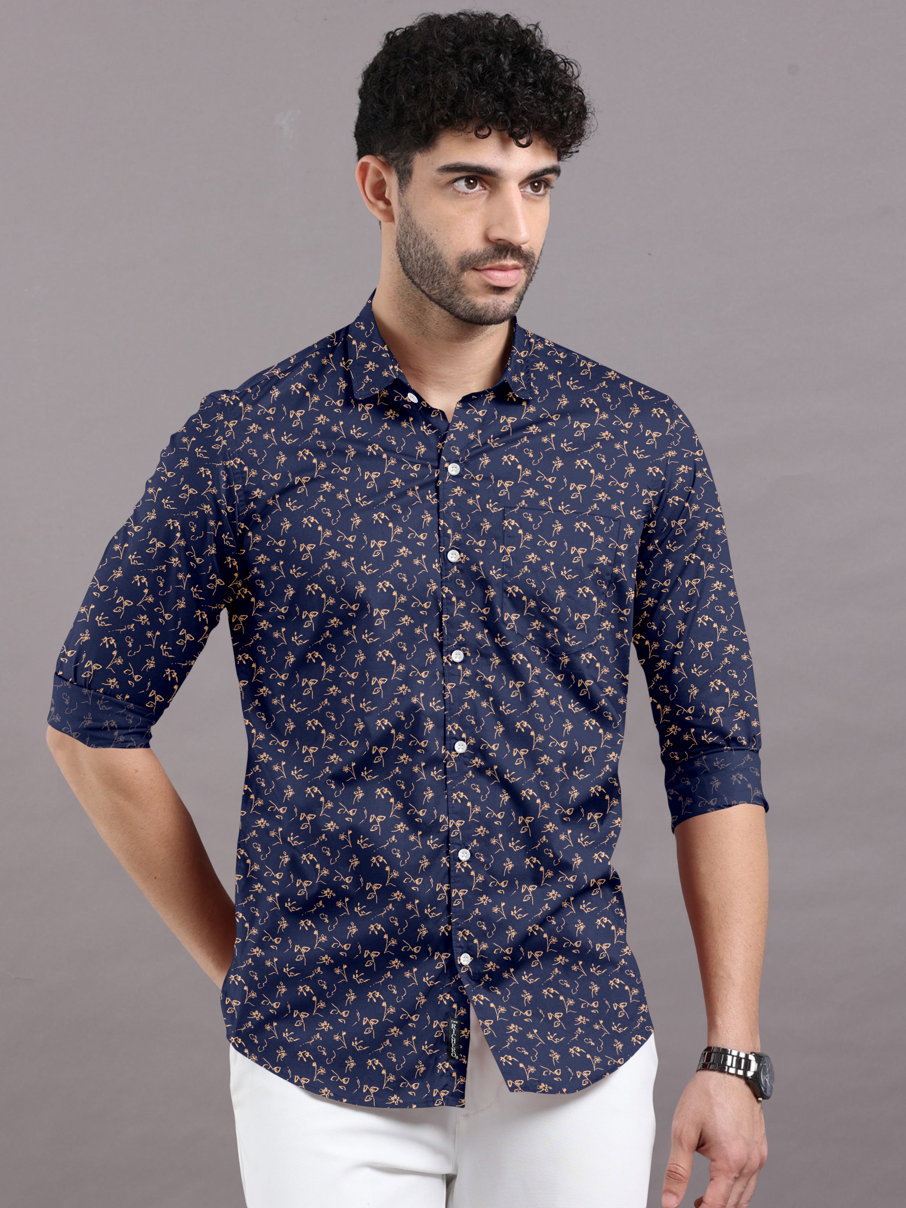 Floral Artistry Printed on Navy Blue Shirt