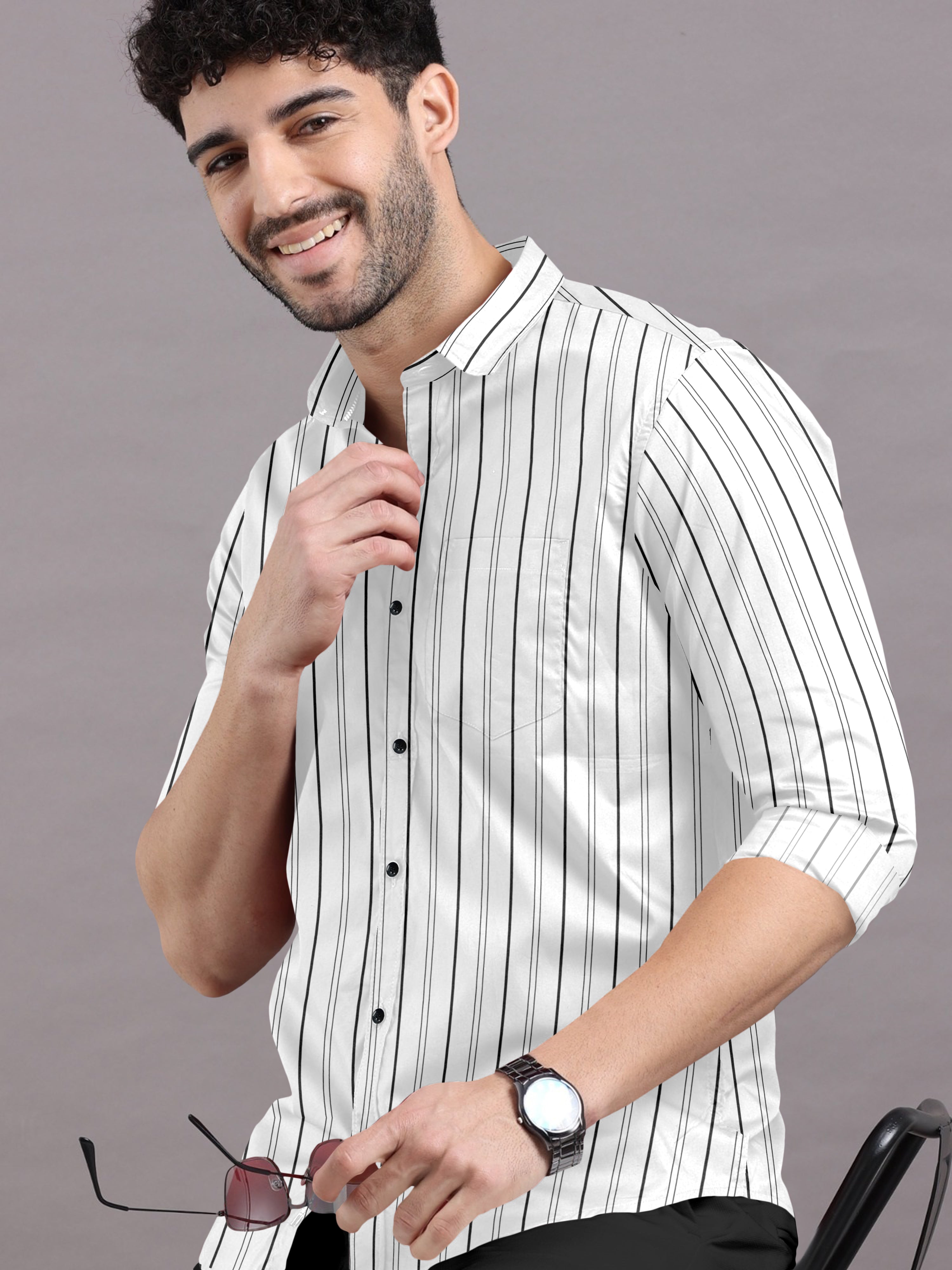 Formal White Shirt with Navy Blue Stripes