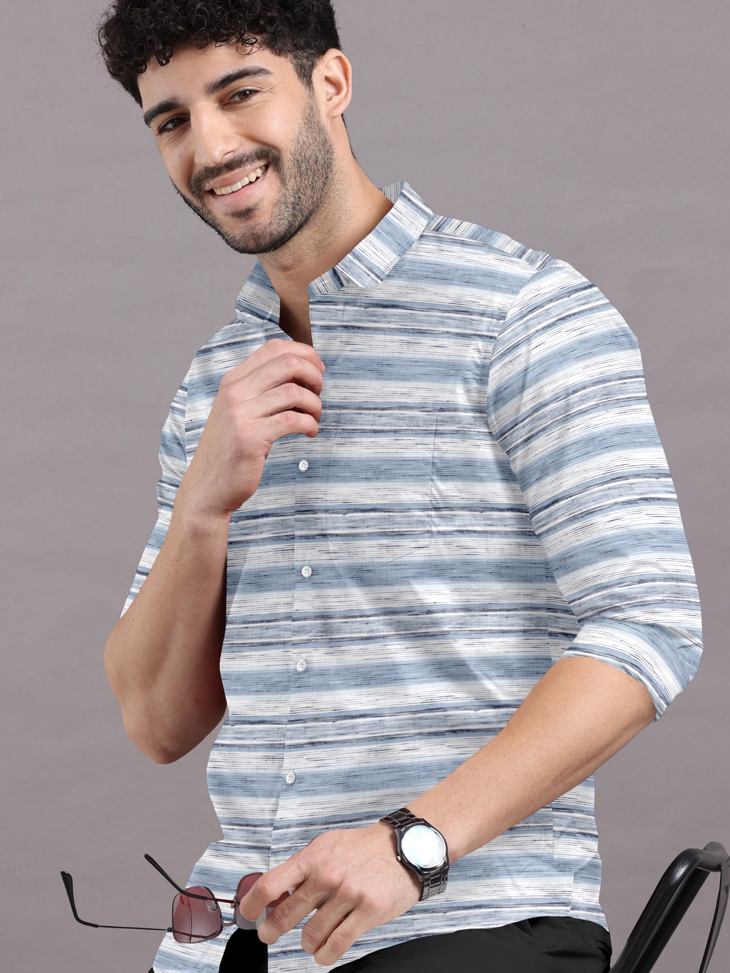 Pure cotton men's lining shirt in dusty blue & white for formal wear