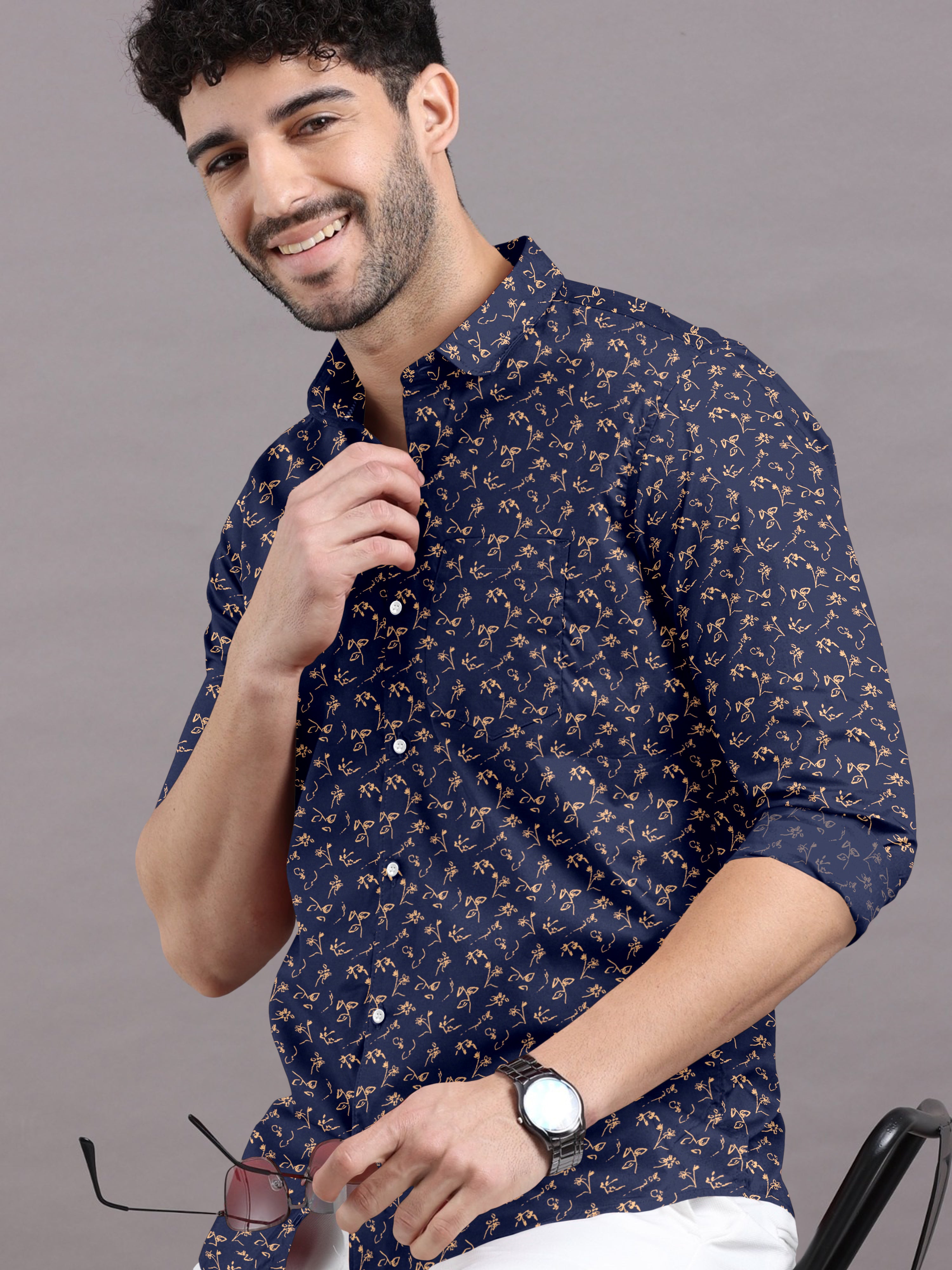 Floral Artistry Printed on Navy Blue Shirt