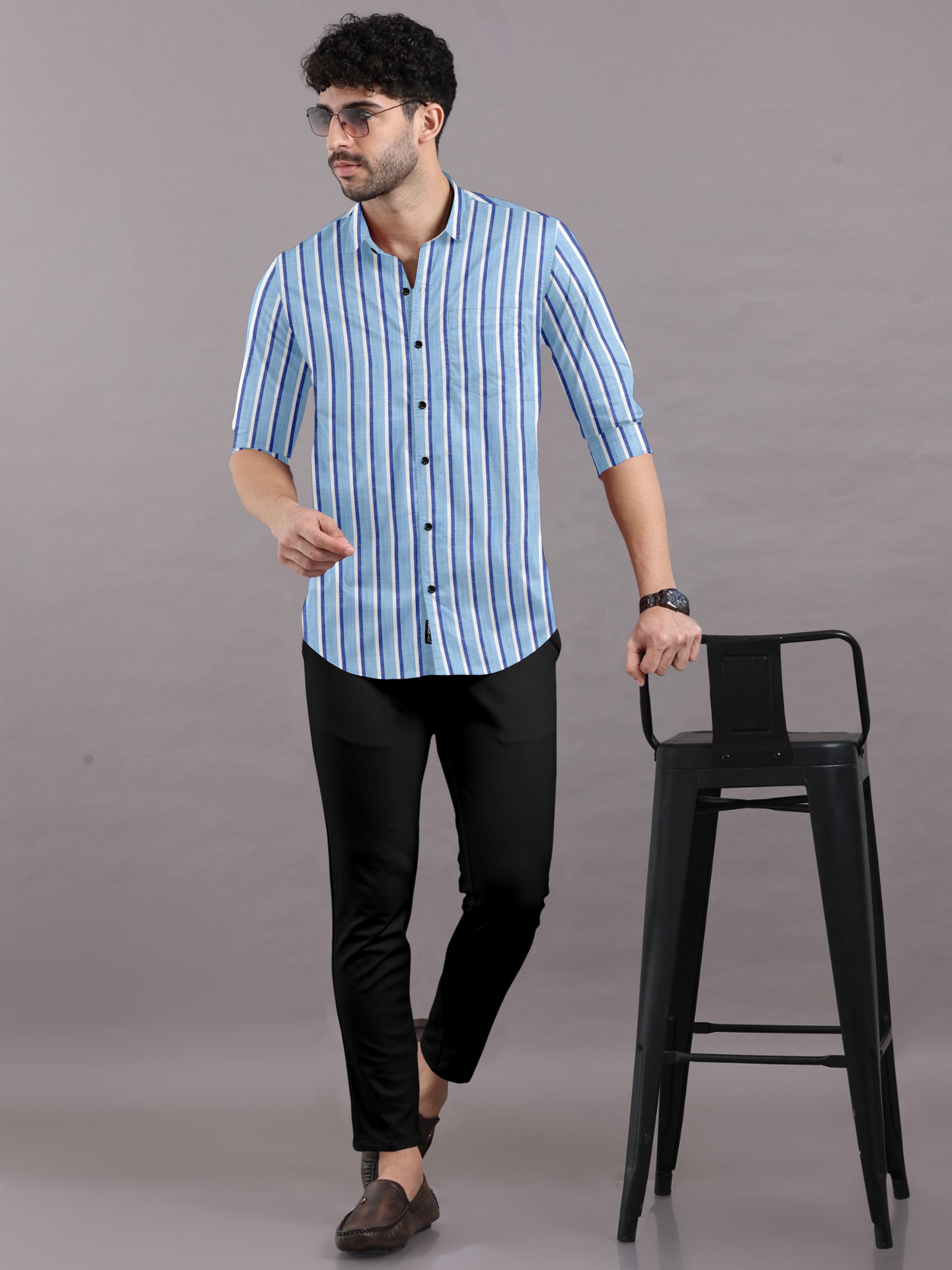 Sky Blue Shirt with Cobalt Blue Stripes