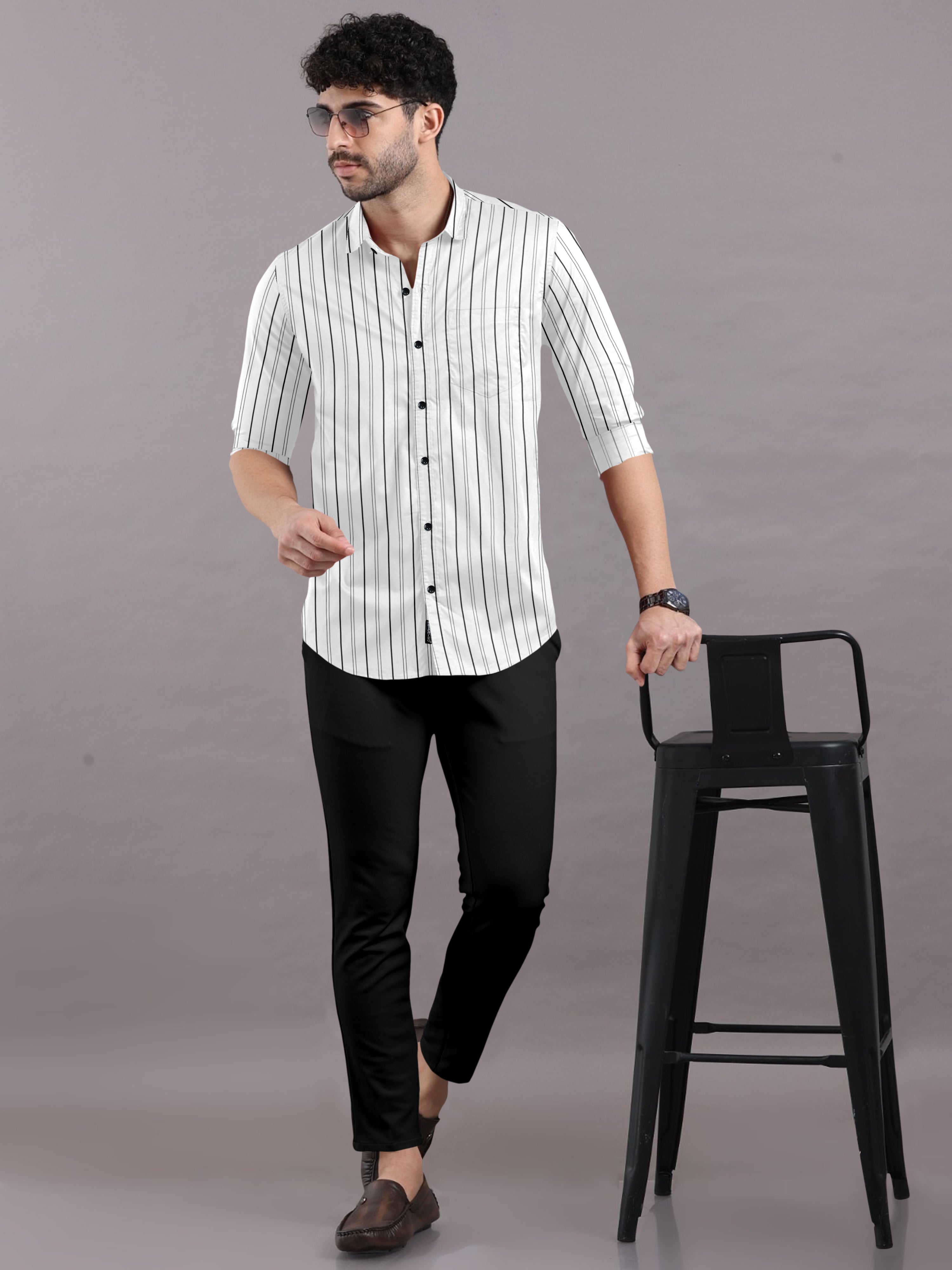 Formal White Shirt with Navy Blue Stripes