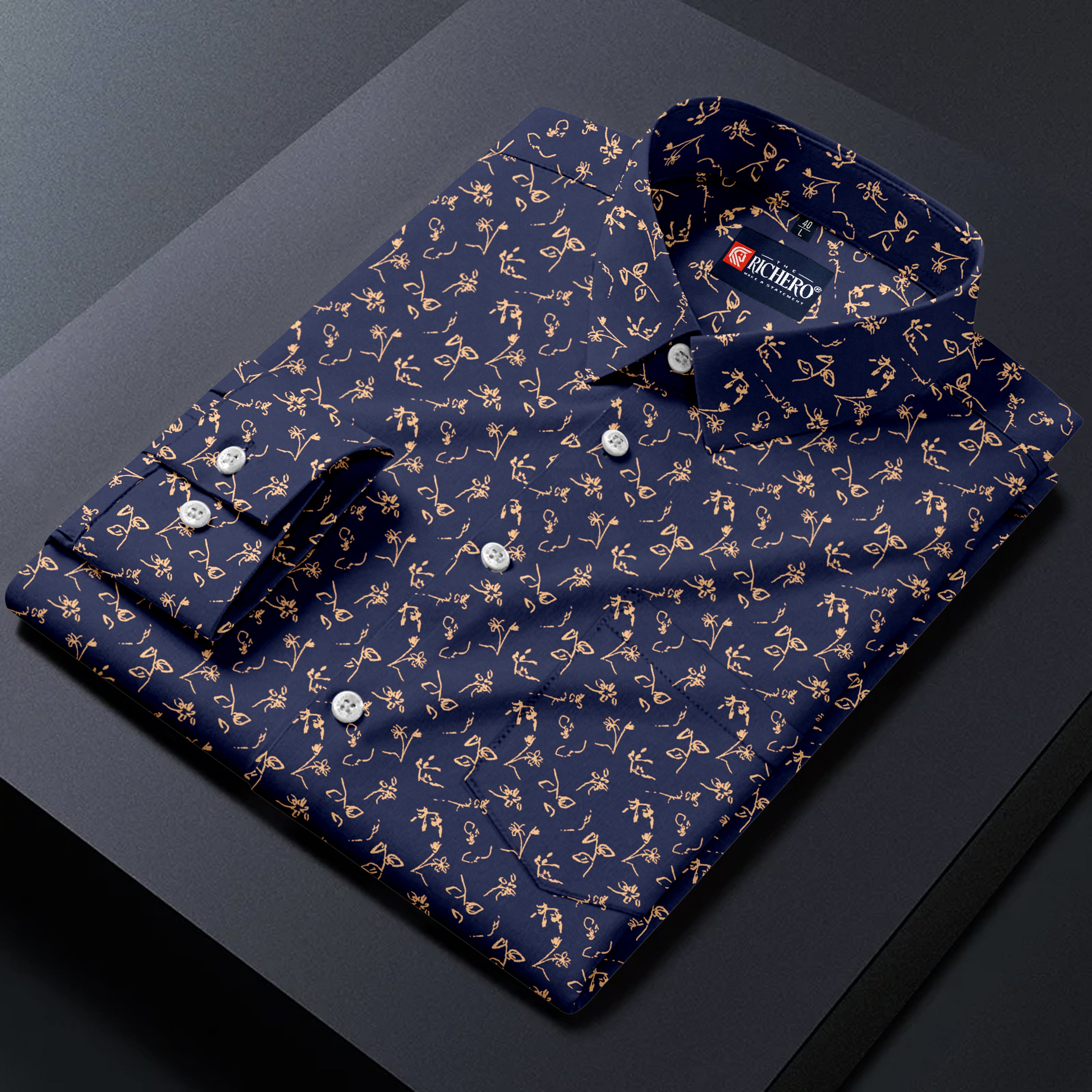 Floral Artistry Printed on Navy Blue Shirt