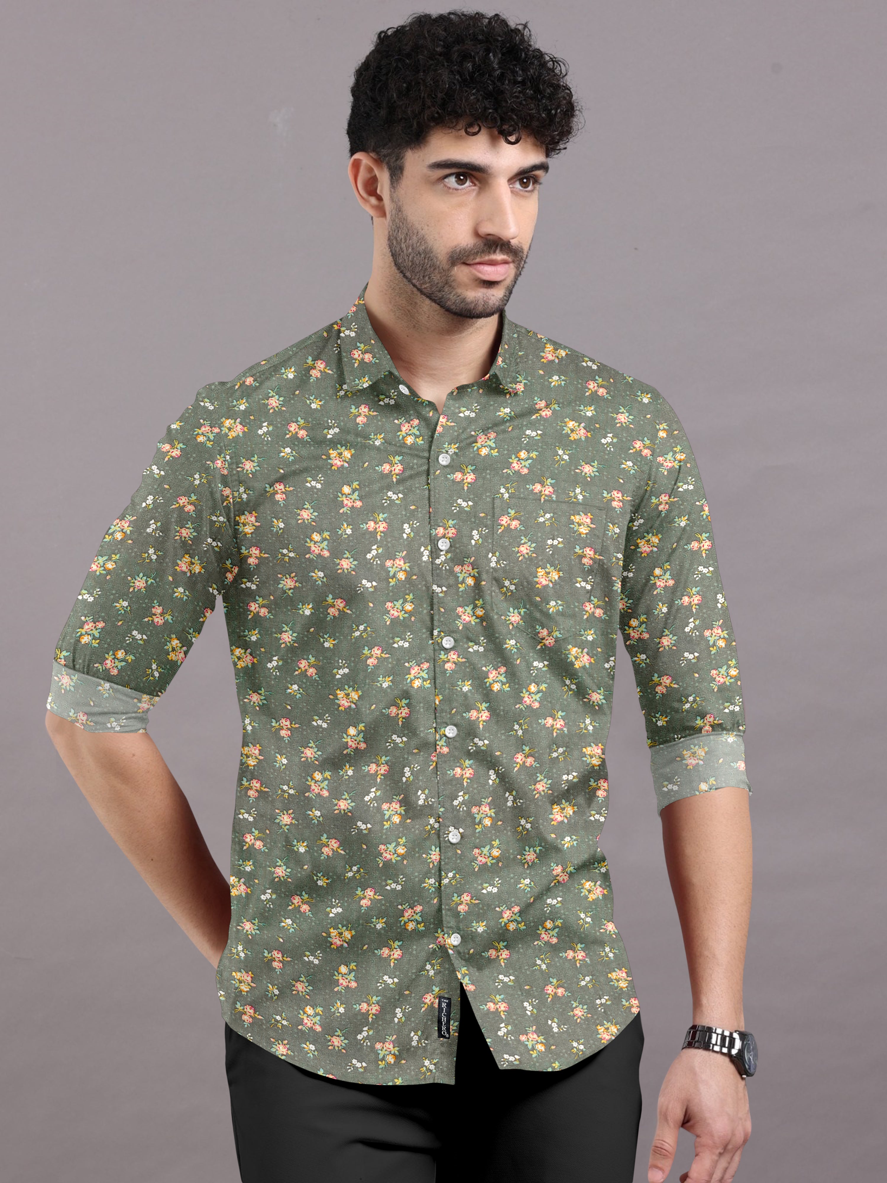 Floral Finesse Printed on Laurel Green Shirt