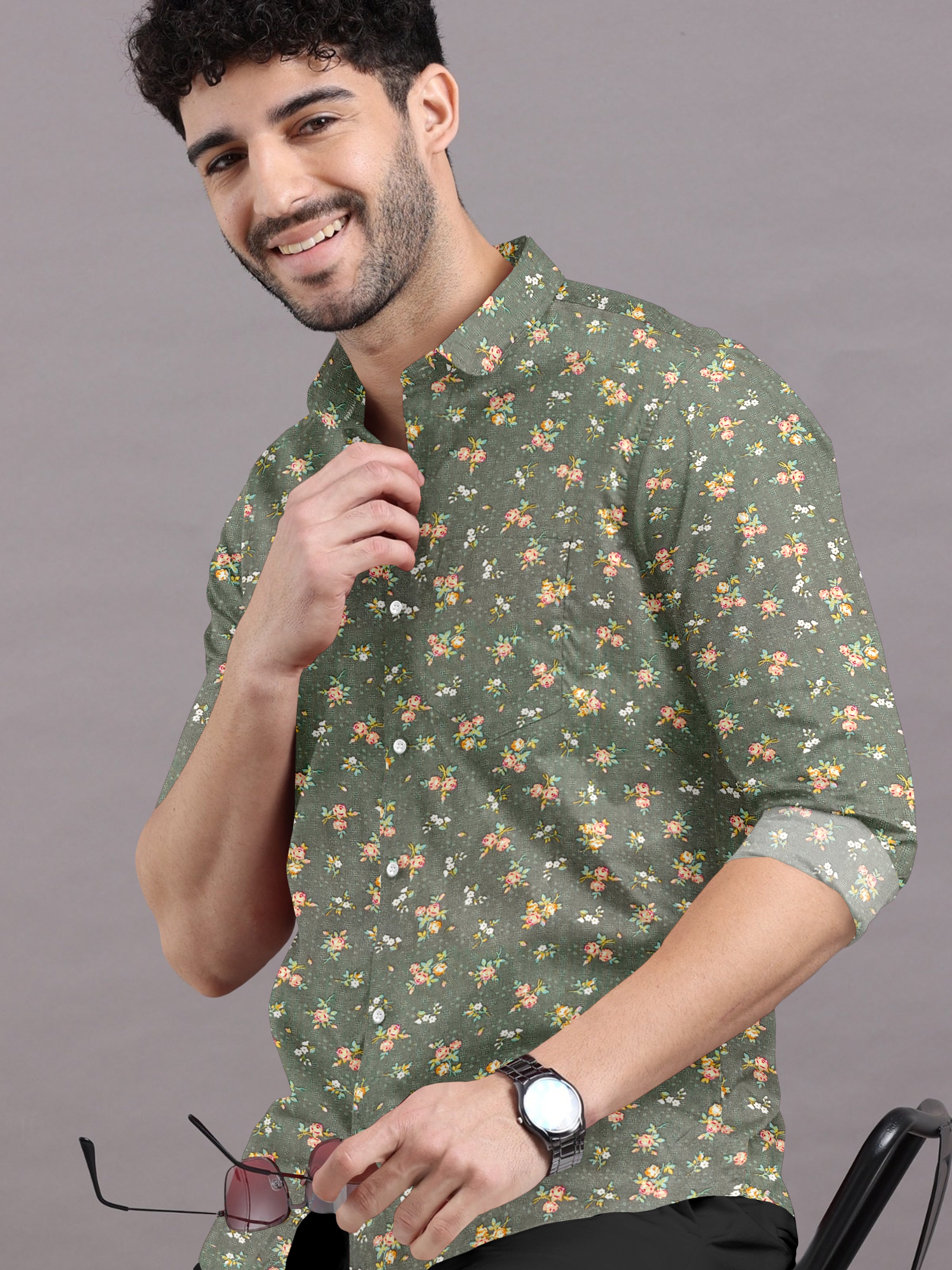 Floral Finesse Printed on Laurel Green Shirt