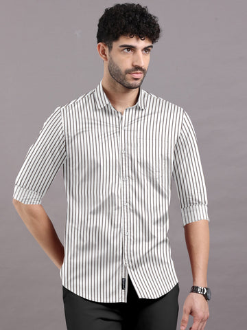 Sleek and Modern in White & Beige Stripes Shirt