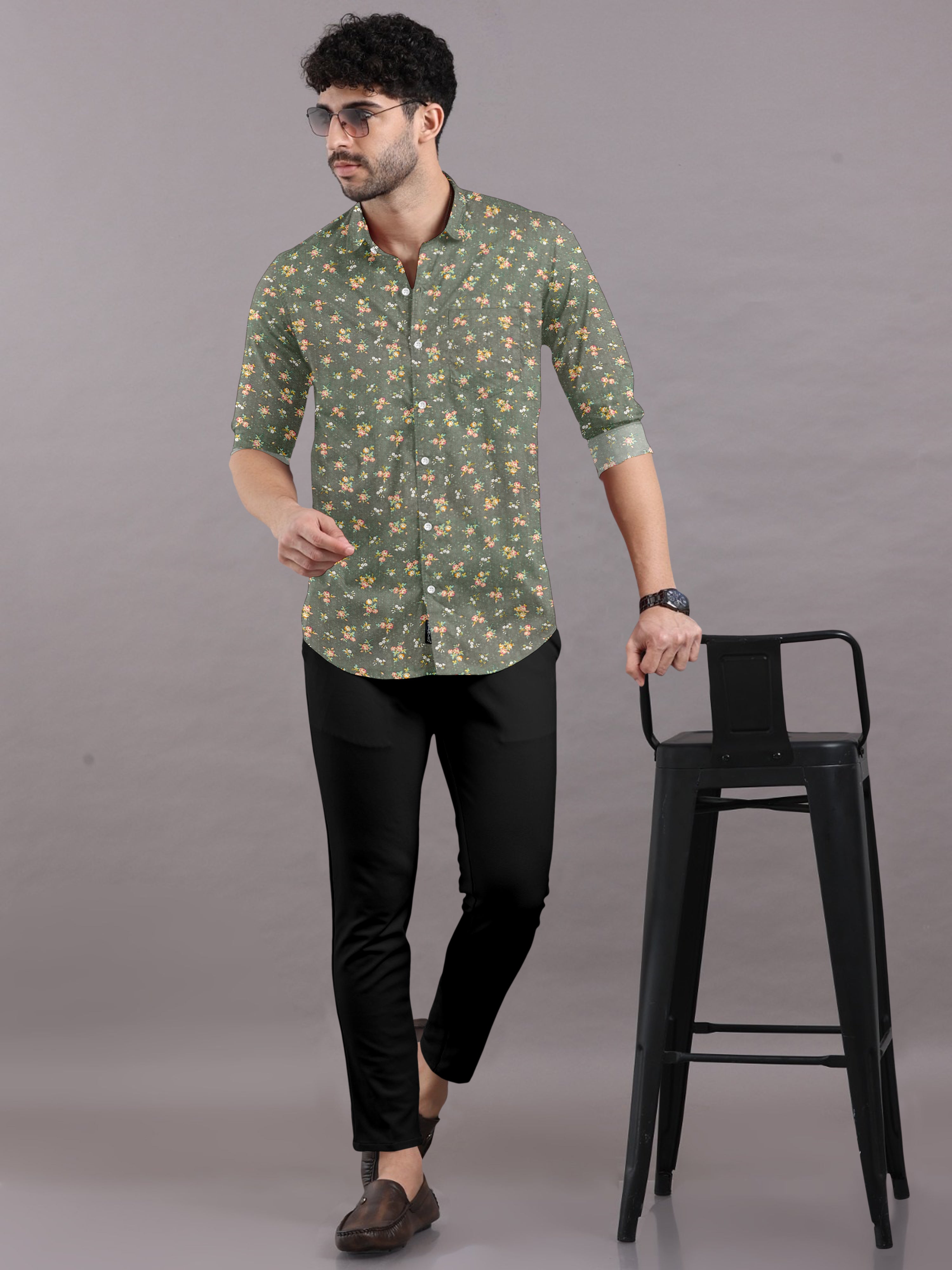 Floral Finesse Printed on Laurel Green Shirt