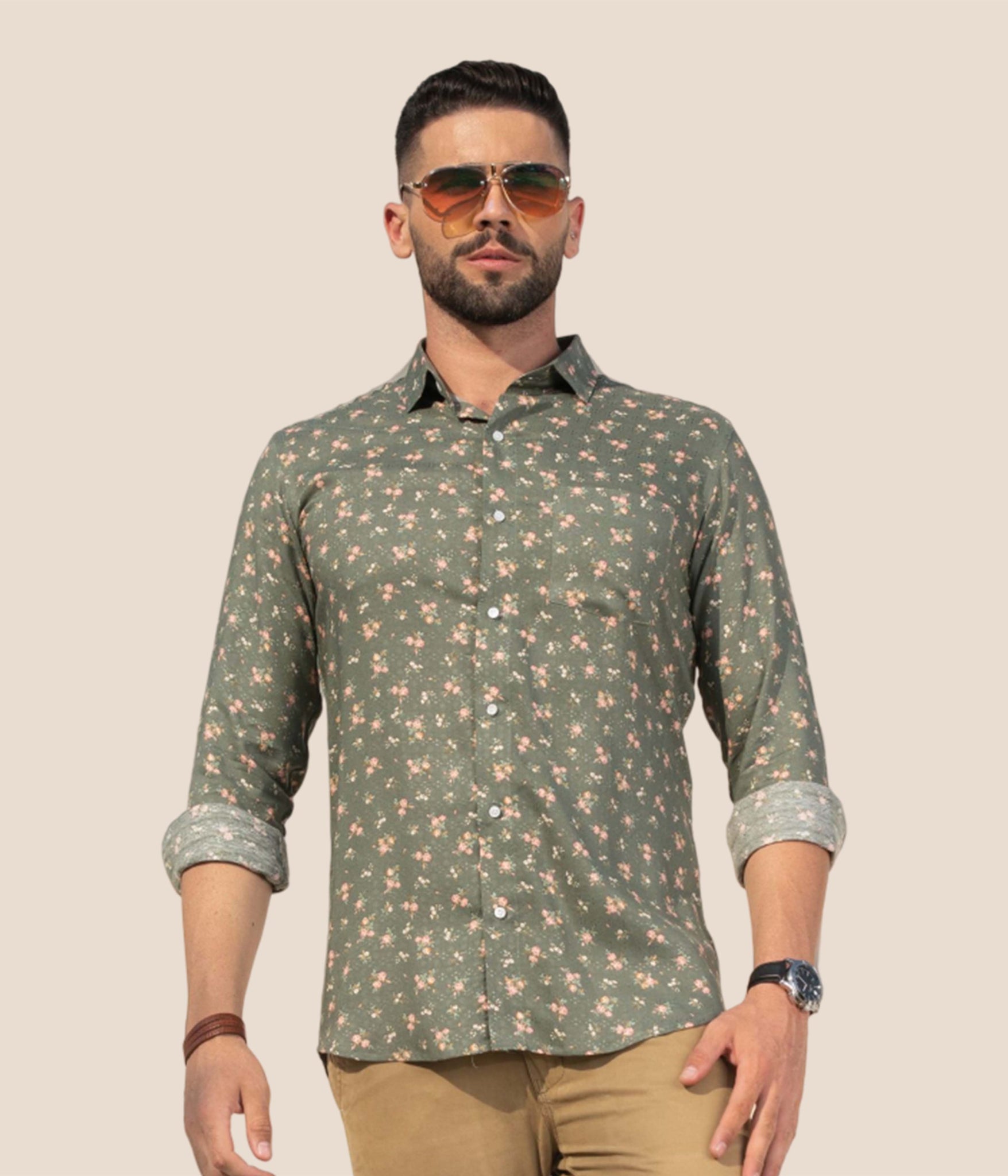 Men's floral printed shirt in dusty green