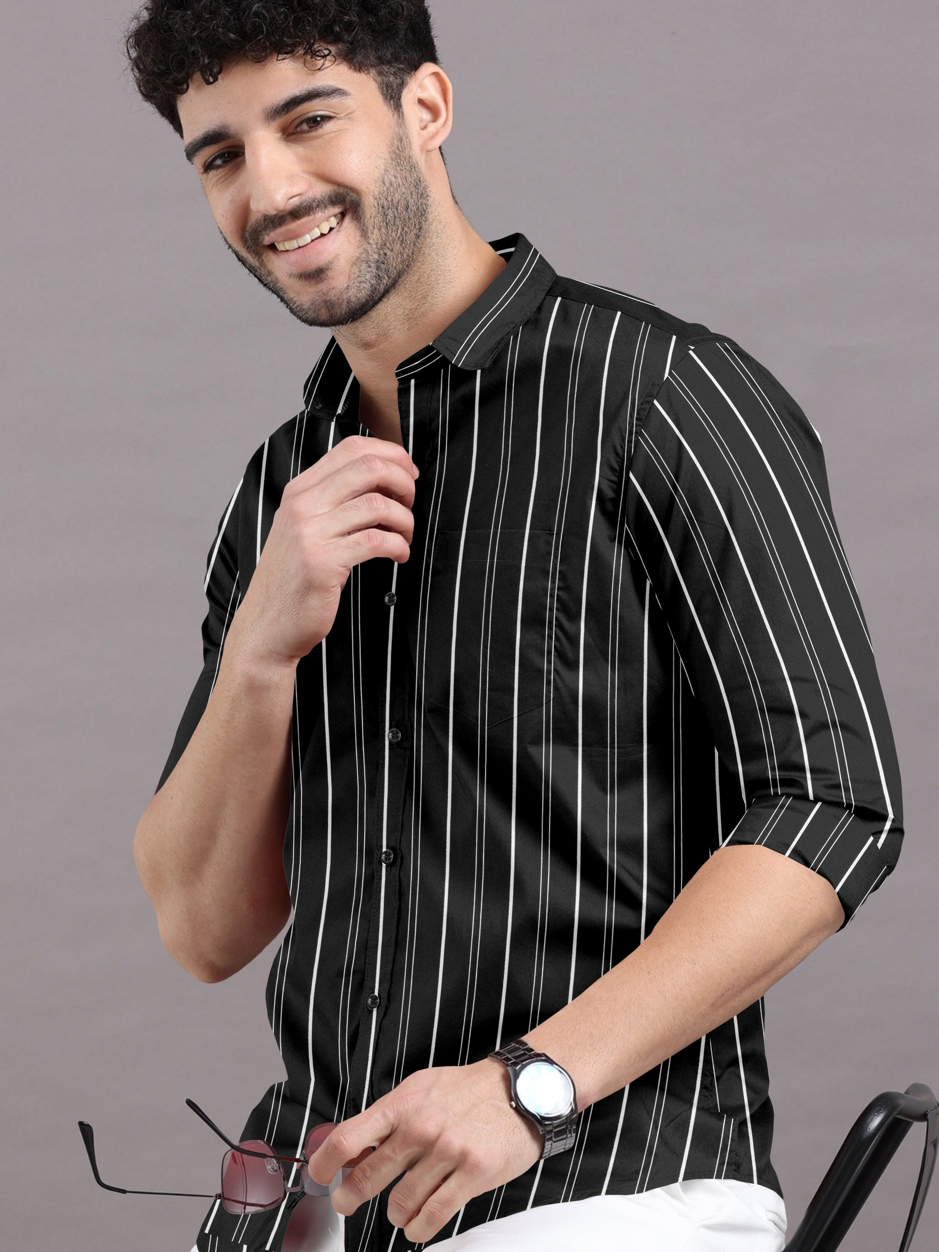 Elegant in Black and White Stripes Shirt