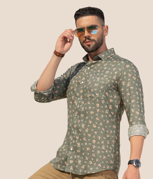 Men's floral printed shirt in dusty green