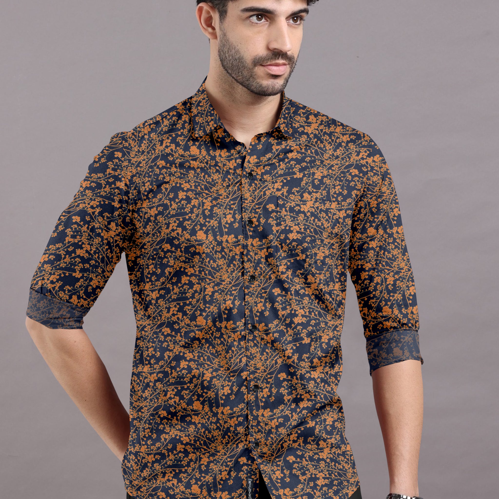 Prussian Blue Shirt with Brown Floral Print