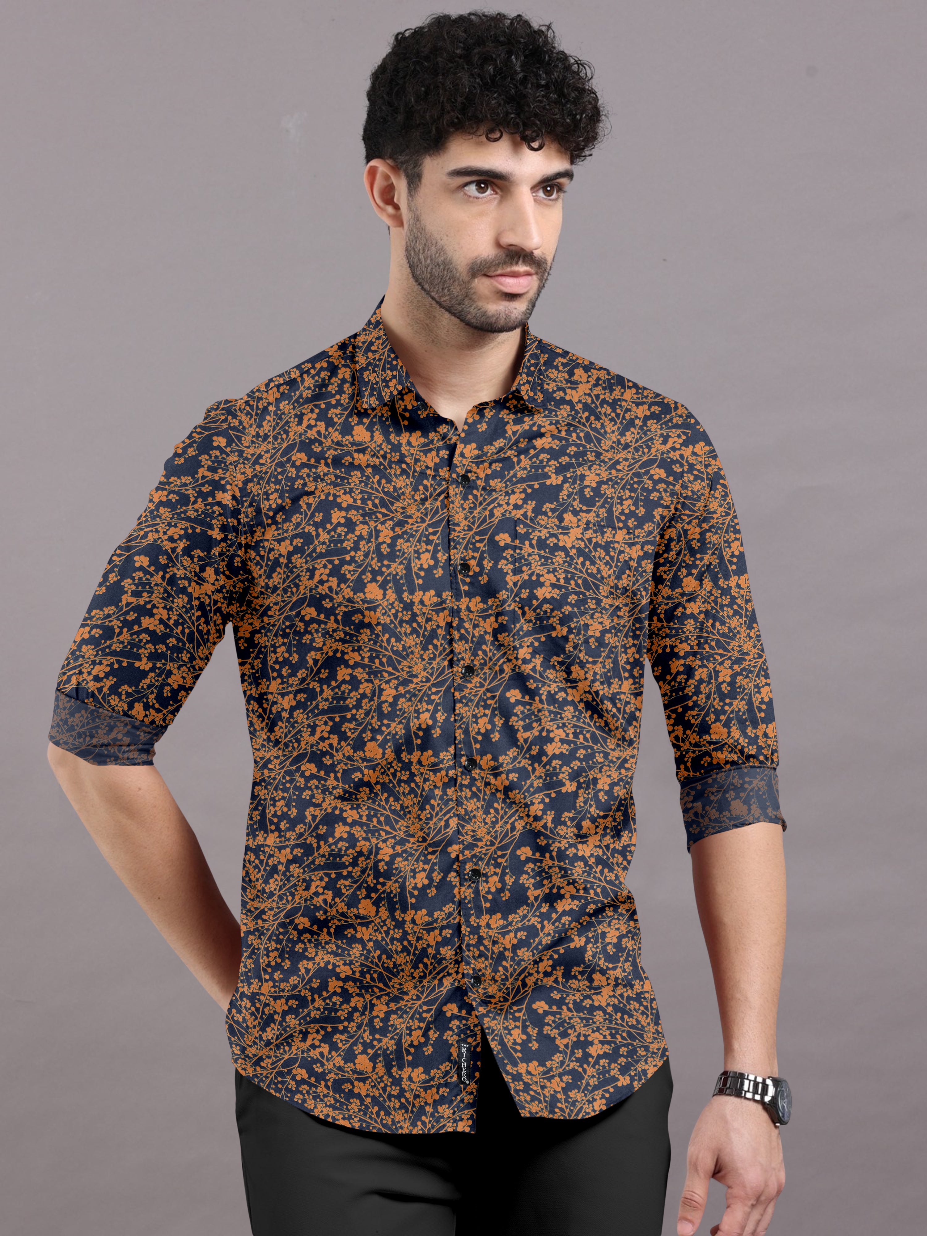 Prussian Blue Shirt with Brown Floral Print