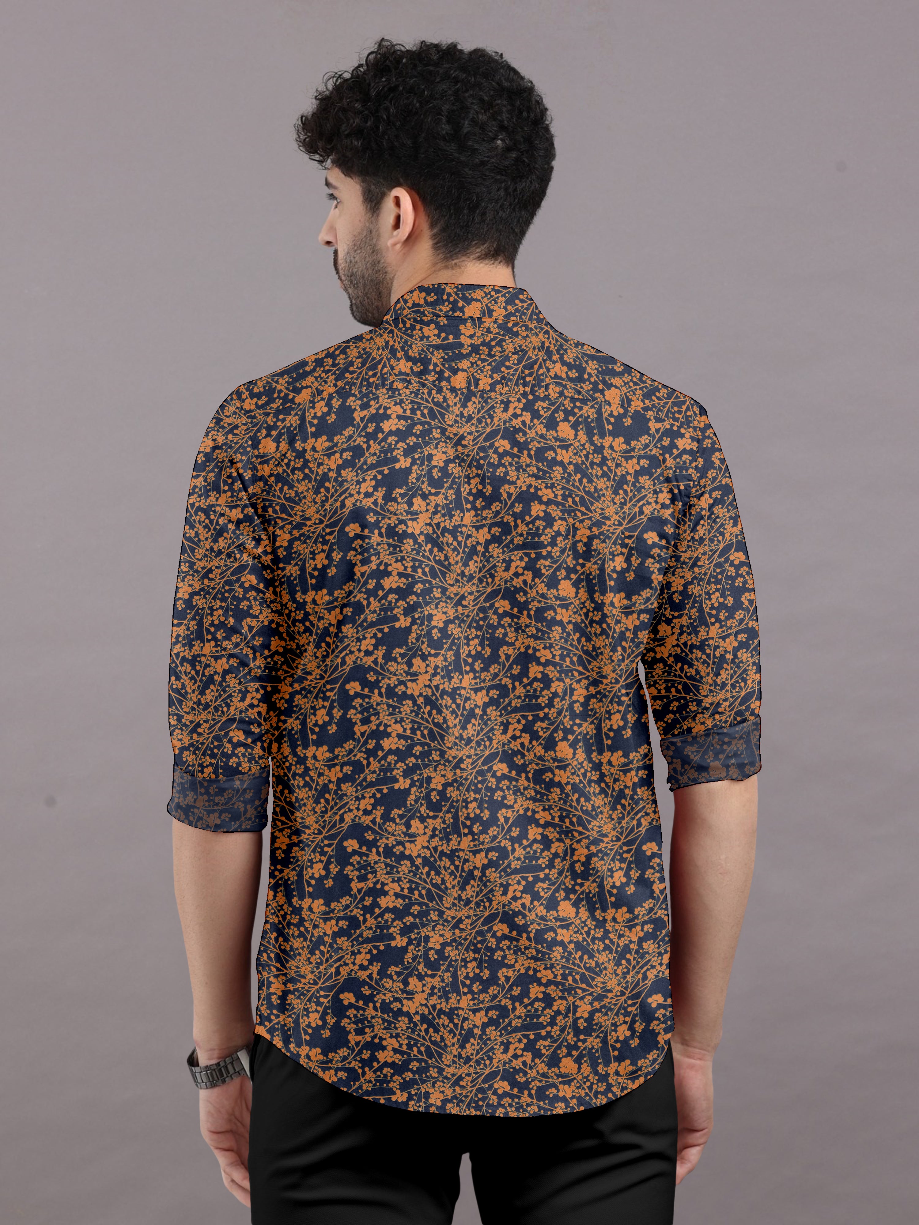 Prussian Blue Shirt with Brown Floral Print