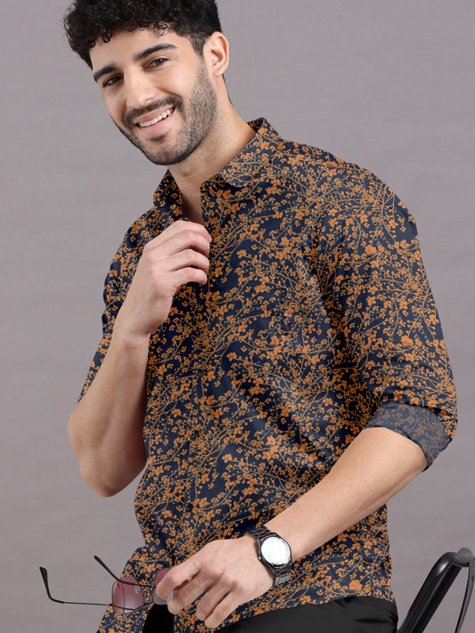 Prussian Blue Shirt with Brown Floral Print