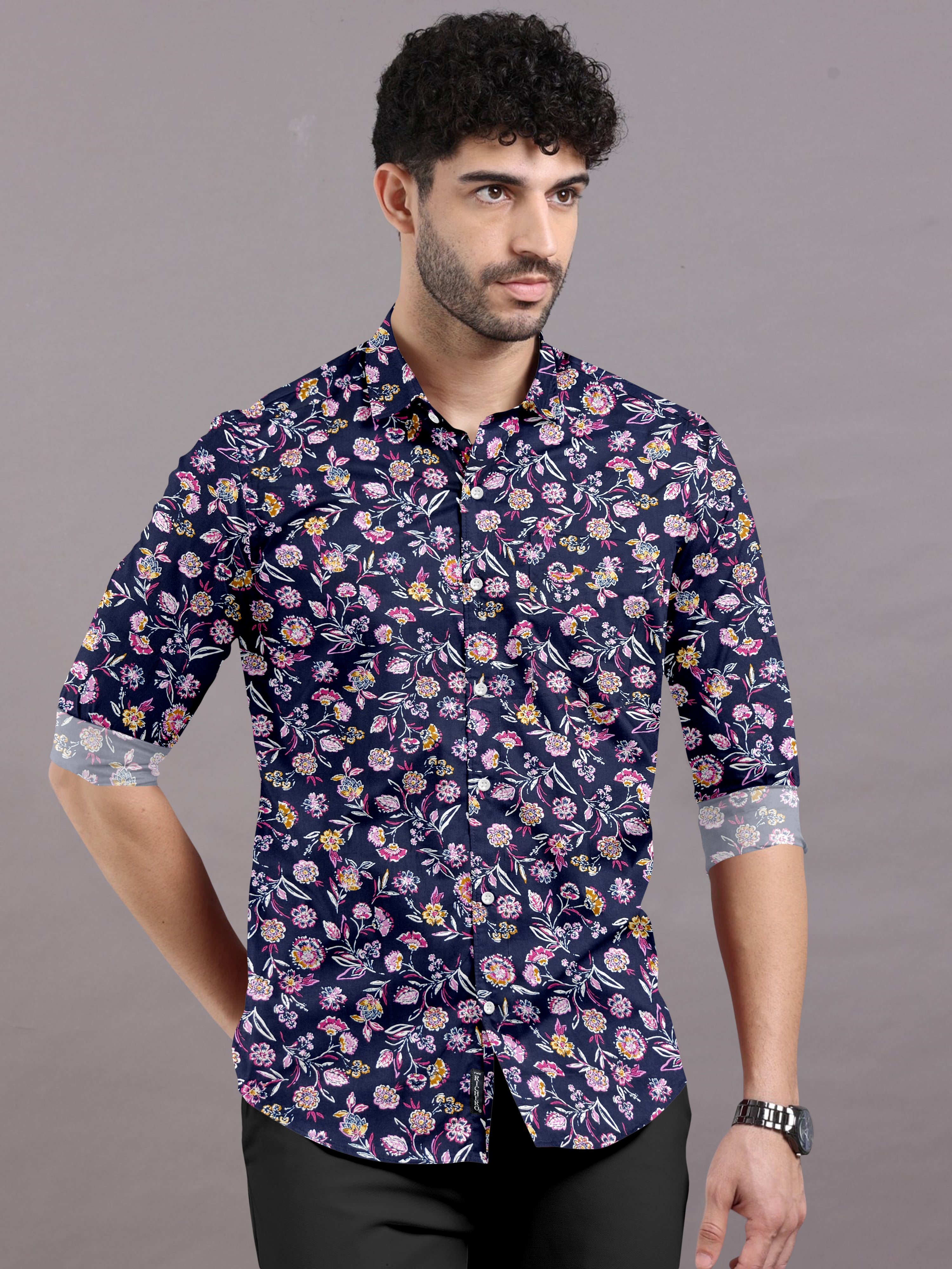 Floral Print Navy Blue Shirt