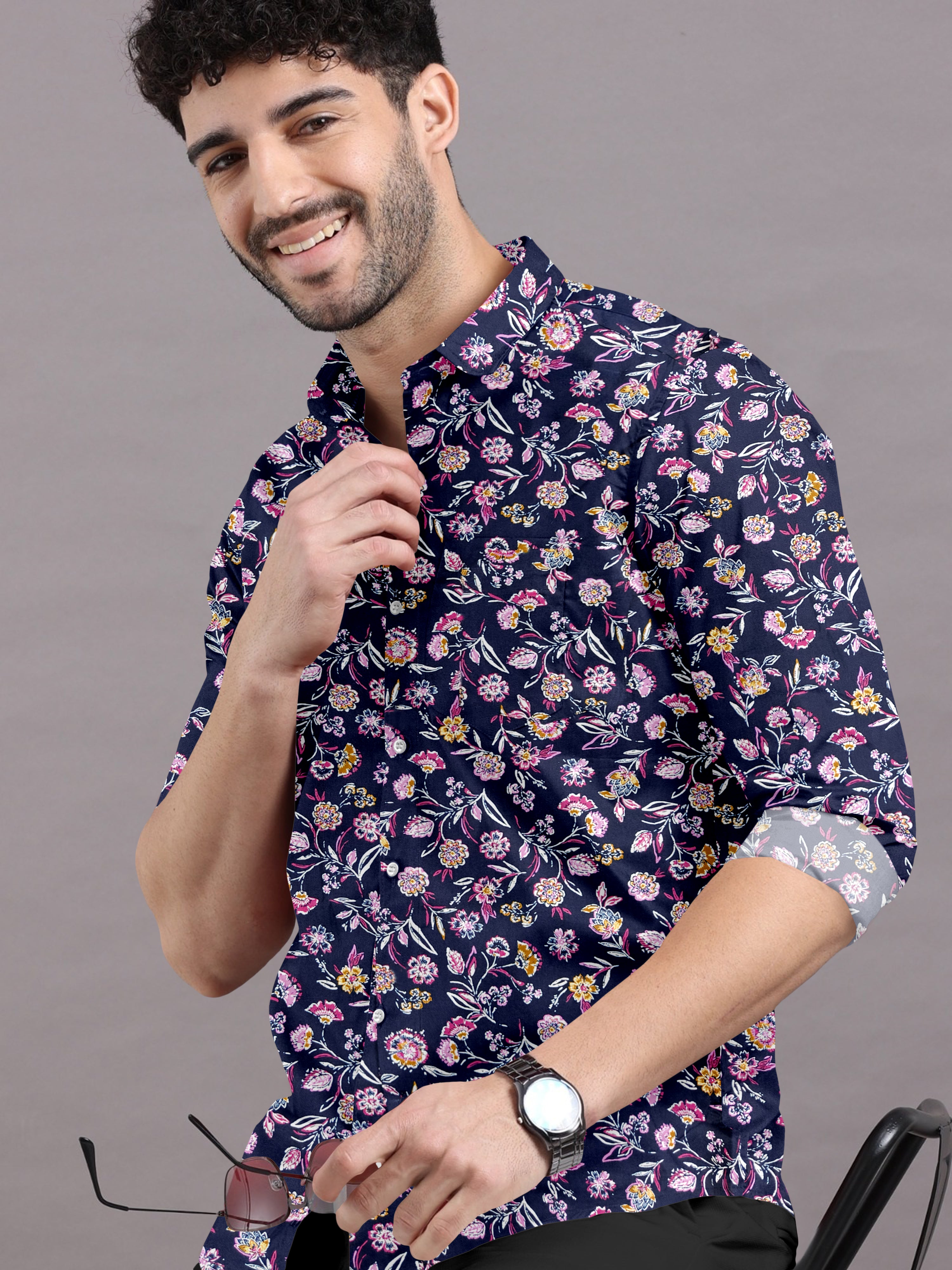 Floral Print Navy Blue Shirt