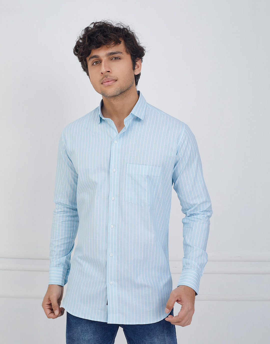 Men's Cotton Light Sky Blue Shirt with White Stripes | The Richero