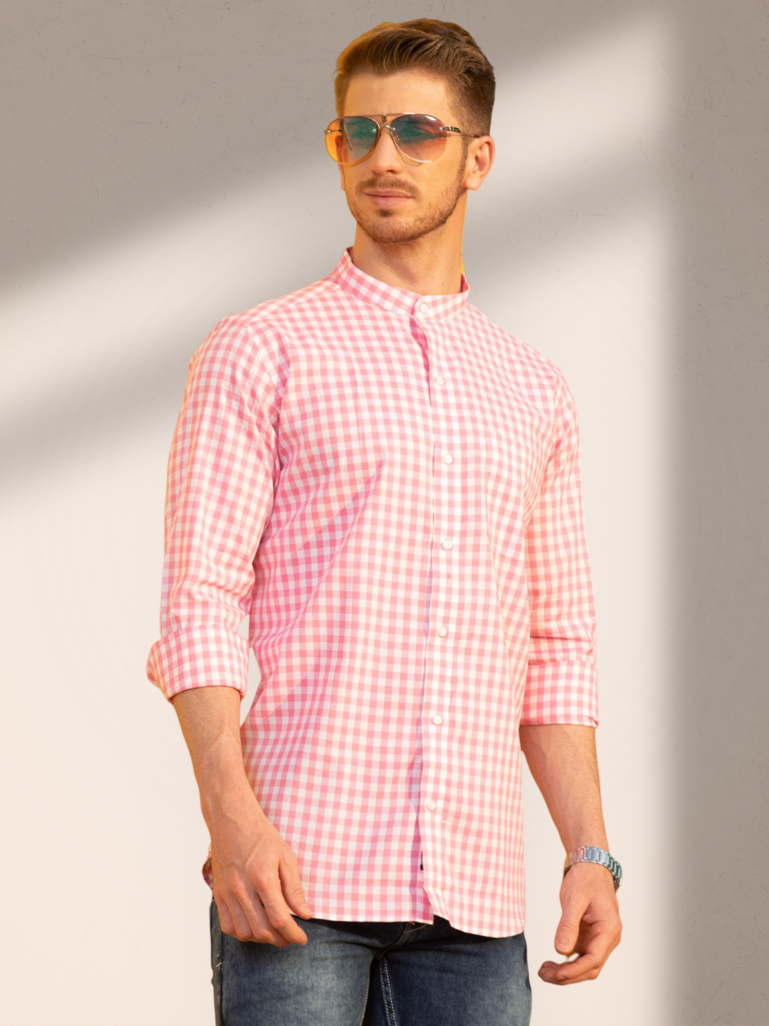 Men's flamingo pink checks shirt