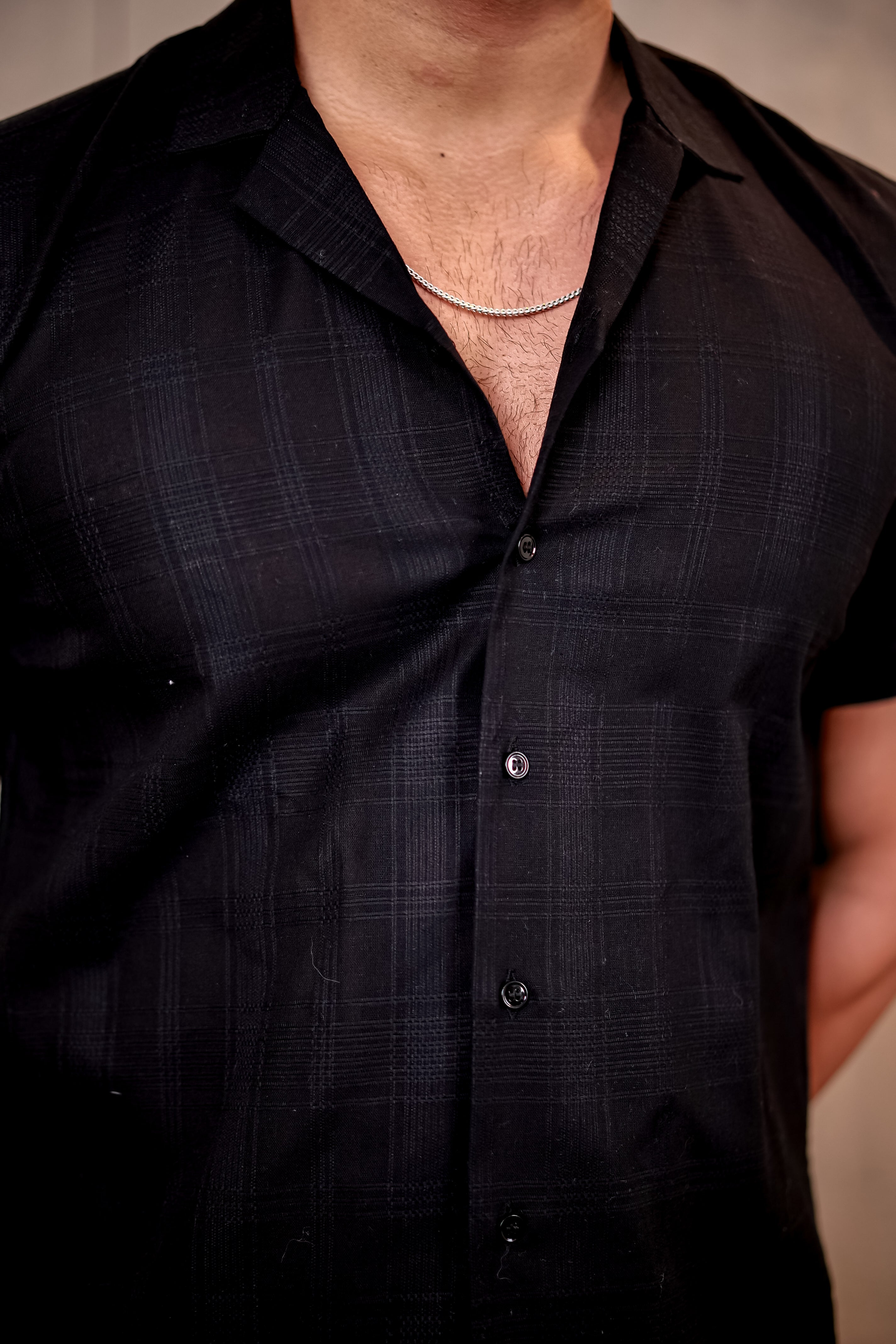 Checkered Black Cuban Collar Pure Cotton Shirt