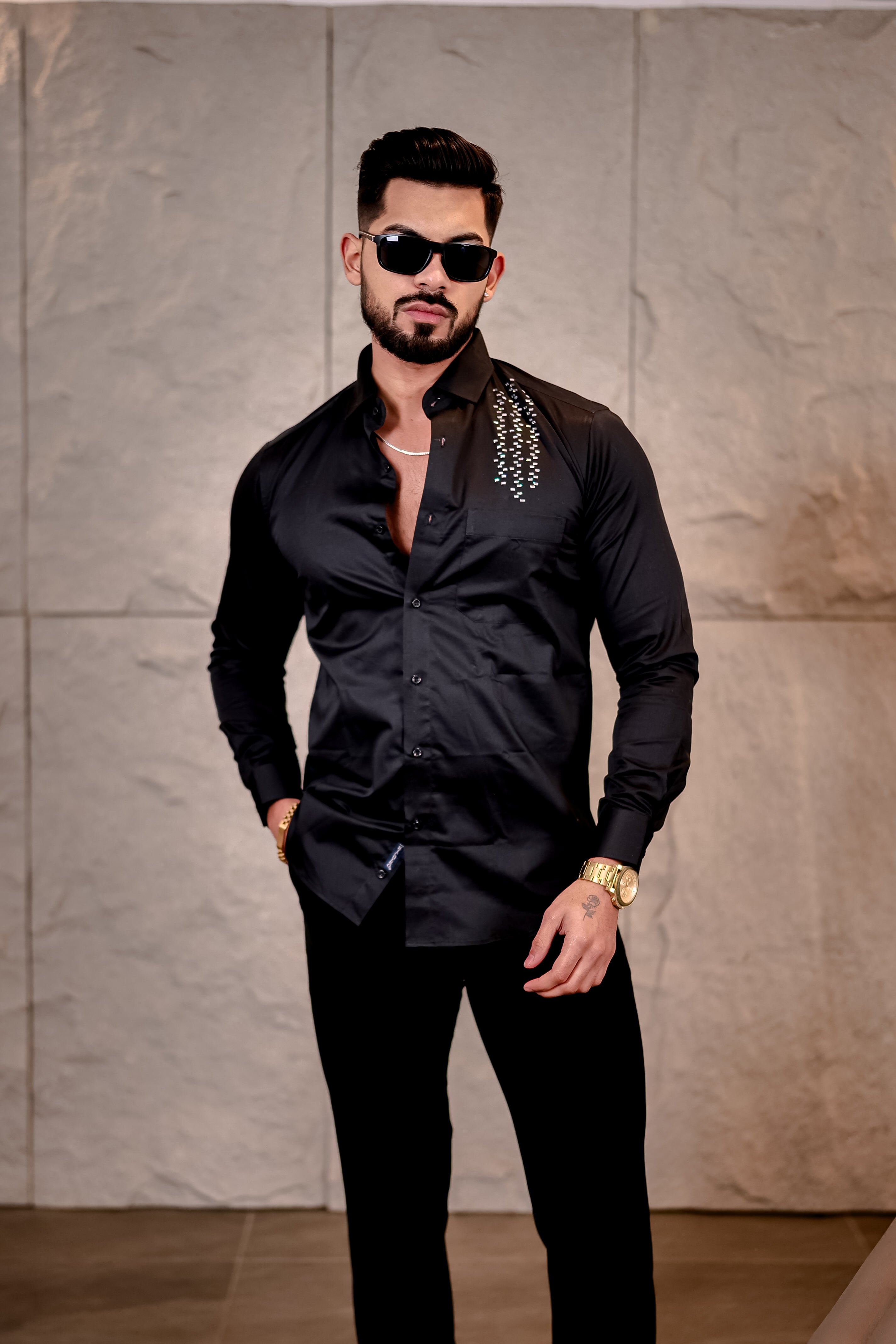 Richero Luxe Premium Club Wear Satin Cotton Black Party Shirt