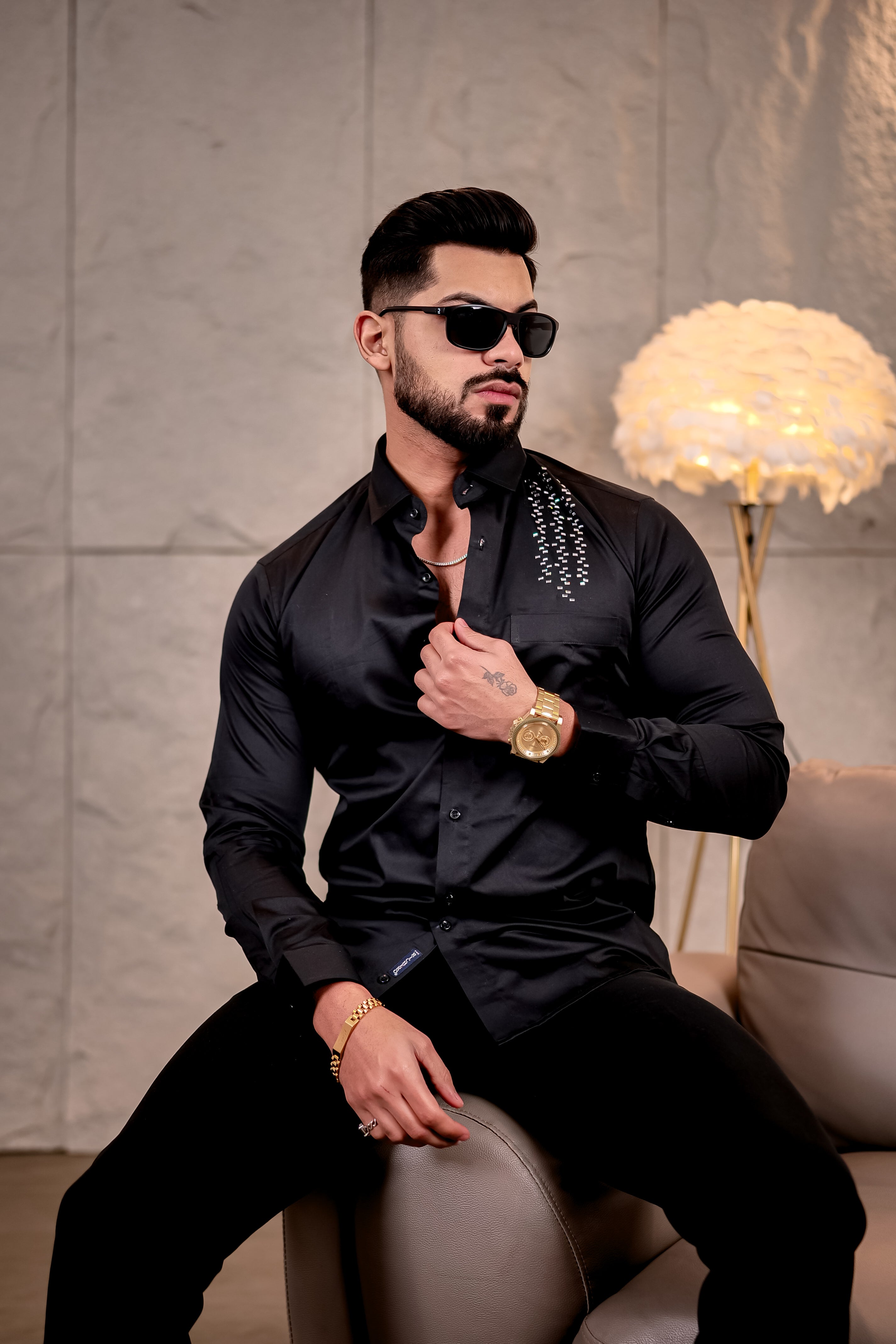 Richero Luxe Premium Club Wear Satin Cotton Black Party Shirt