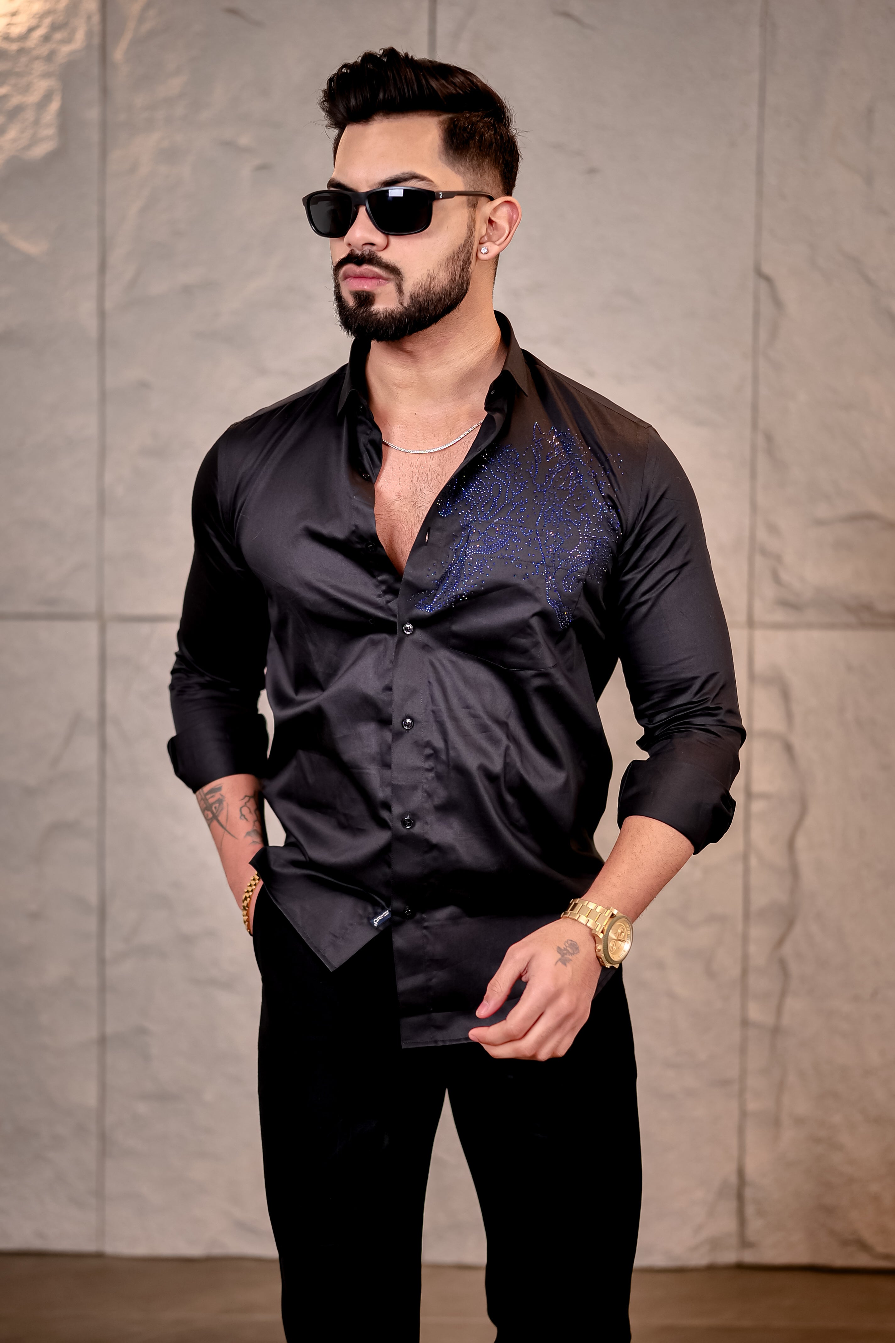 Sleek Horse Club Wear Satin Cotton Black Party Shirt