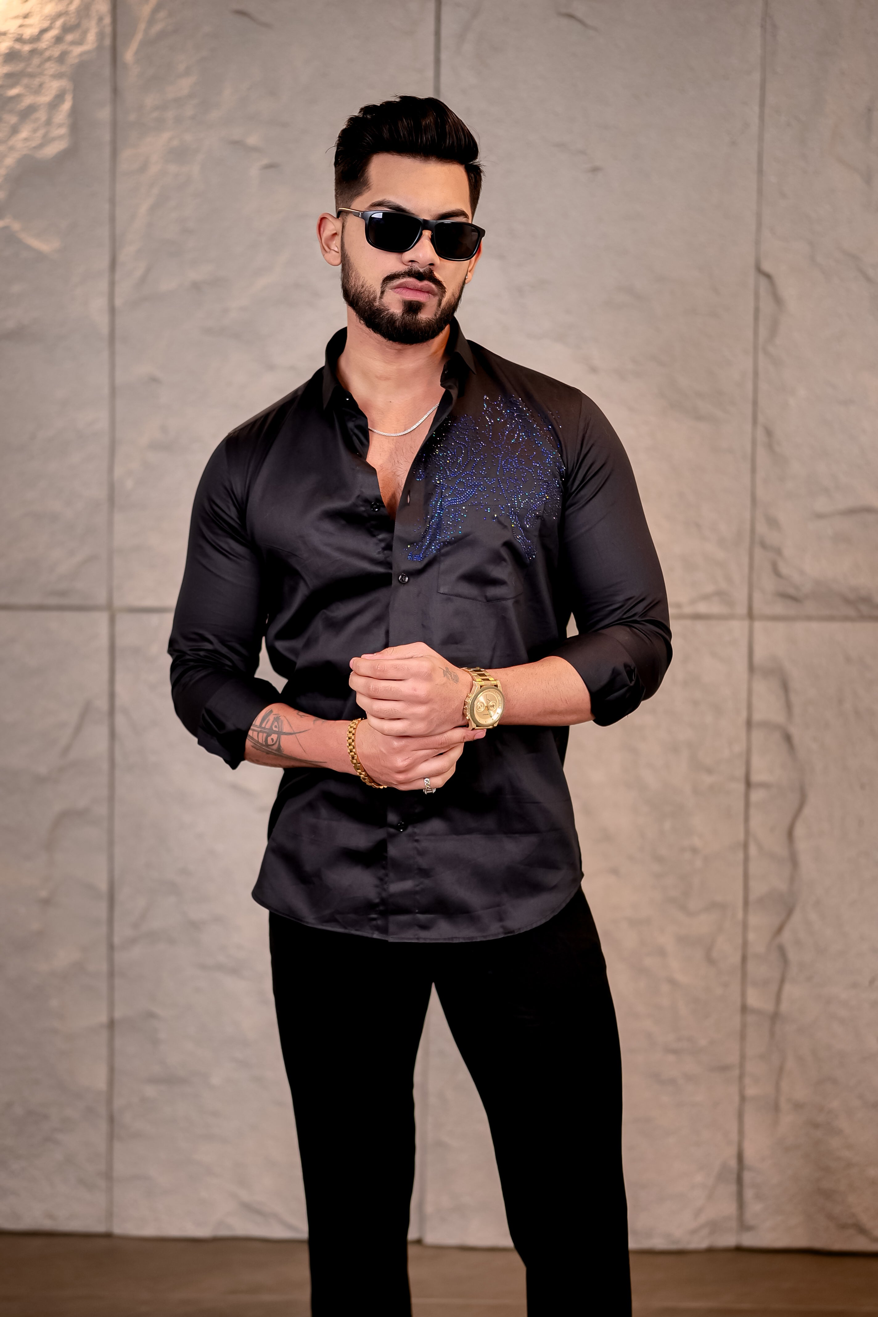 Sleek Horse Club Wear Satin Cotton Black Party Shirt