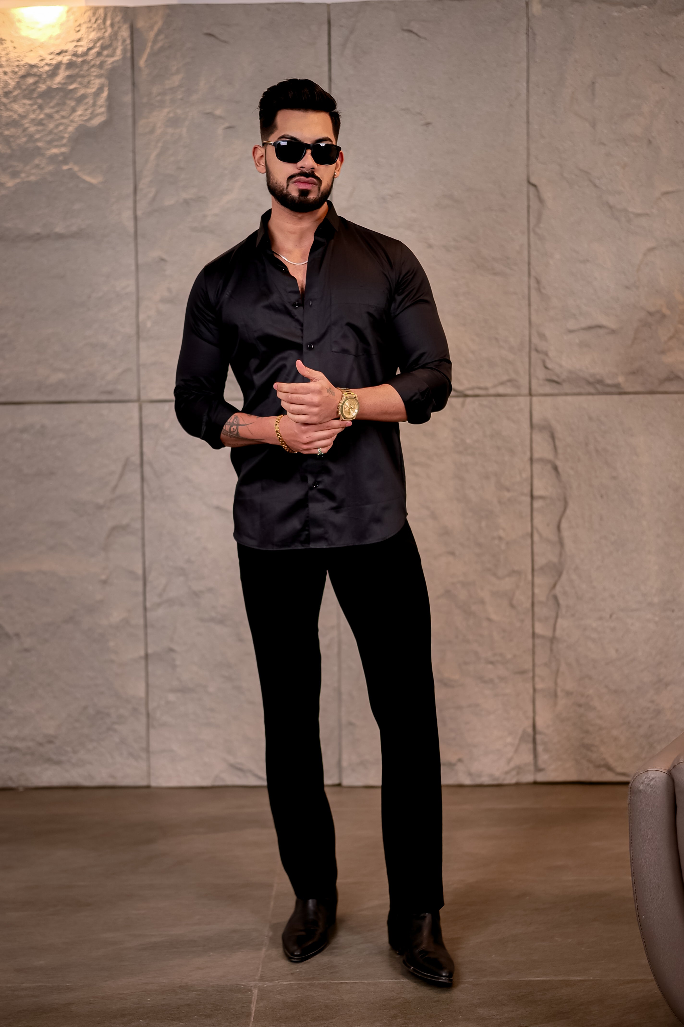 Skull Club Wear Satin Cotton Black Party Shirt