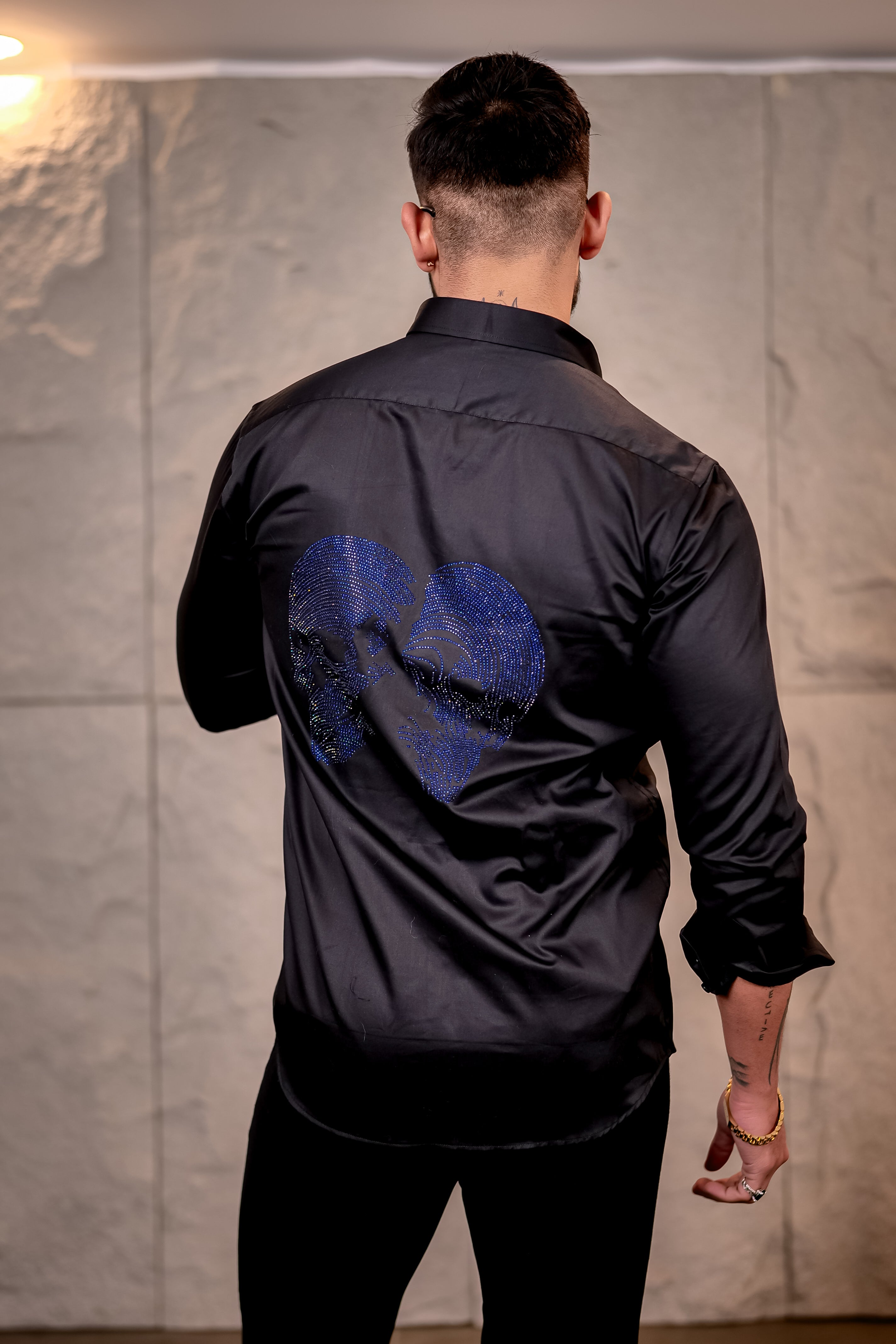 Skull Club Wear Satin Cotton Black Party Shirt