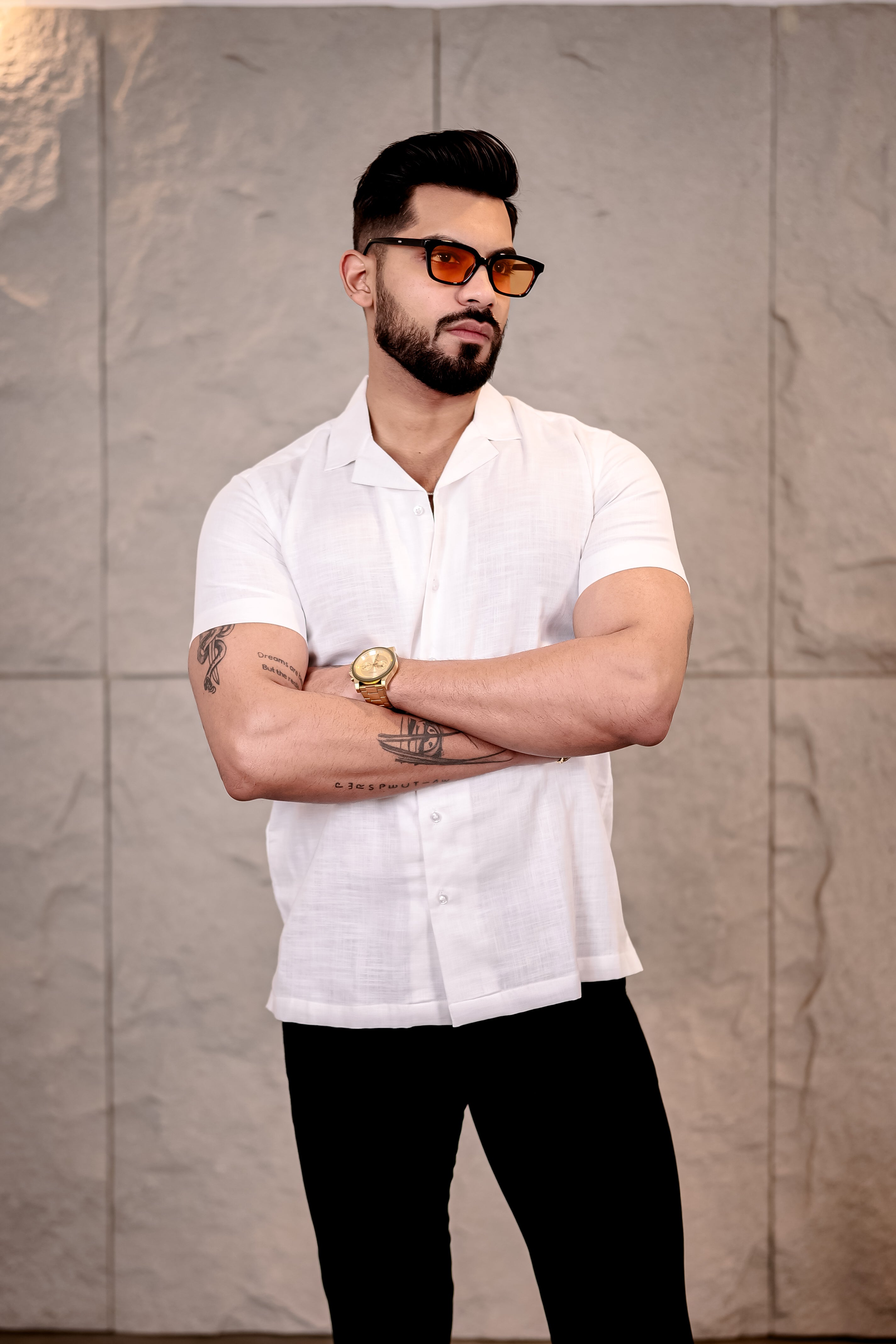 Solid White Cuban Collar Pure Cotton Shirt